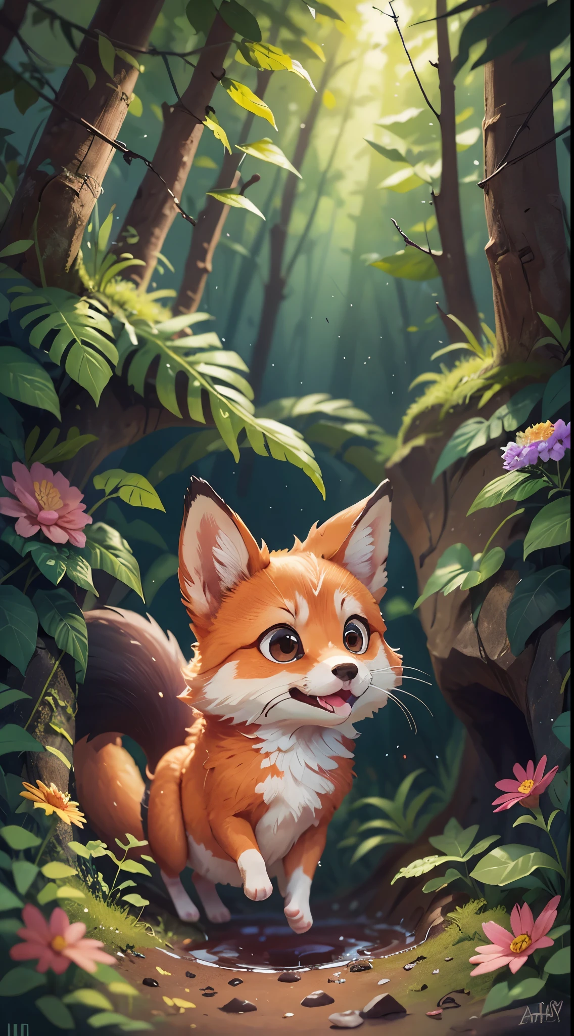 Front view of a cute fox jumping out of a hole in the forest, closeup cleavage, backward shot, Pixar cinematic style, Best quality at best, cinematic Film still from, extremely cute, largeeyes, eyes with brightness, birds and flowers around, flowers outside the cave, with her mouth open, Happy