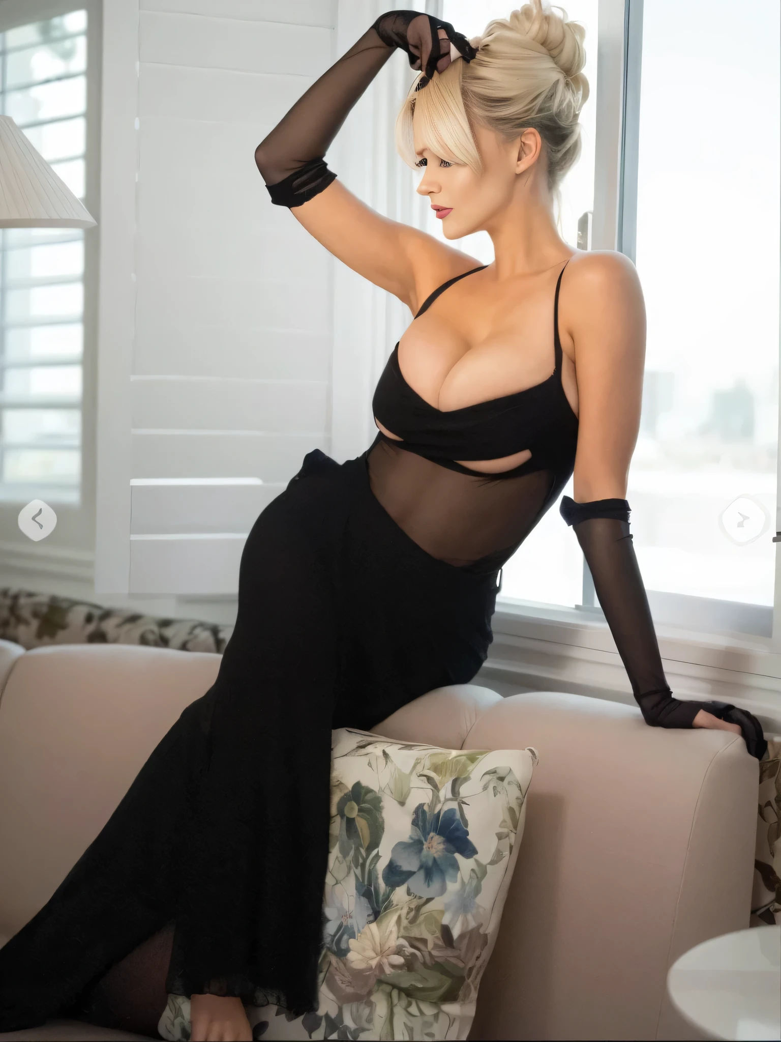 blond woman in black dress sitting on a couch in front of a window, olga buzova, tamara de lepika, seductive lady, in a black chiffon layered robe, irina nordsol kuzmina, angie glocka, sexy :8, sexy look, solo photoshoot, inspired by Hedi Xandt, revealing outfit, leaked image, yelena belova