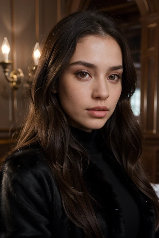 ((best quality)), ((masterpiece)), (detailed), perfect face realistic photo of beautiful woman with long dark brown hair, Russian, influencer, light freckles, dark brown eyes, big lips, no makeup, instagram, in st moritz, wearing elegant black fur coat outfit by Dior