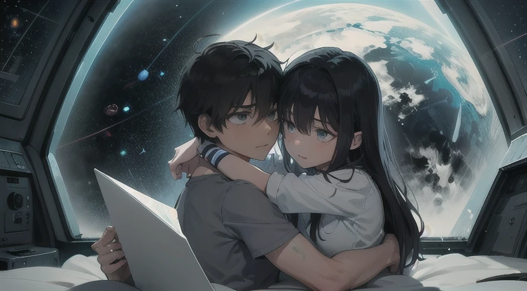 a teenager girl cuddling with an emo teenager guy in bed, space, space ship, futuristic, bed, bedroom, cuddling, hugging