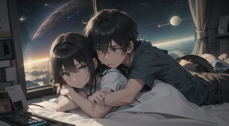a ager girl cuddling with an emo teen guy in bed, space, space ship, futuristic, bed, bedroom, cuddling, hugging