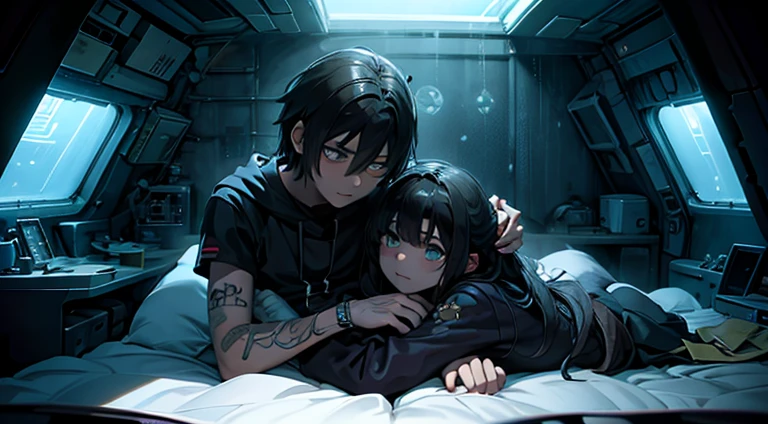 a teenager girl cuddling with an emo teenager guy in bed, space, space ship, futuristic, bed, bedroom, cuddling, hugging