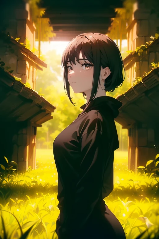 ((((Obra maestra, La mejor calidad, ultrahigh resolution)))), beautiful girl, standing, (((wearing a black tracksuit))), (very short hair in view, in frame), pale skin, ((brown eyes)), (ultra detailed eyes:0.7, beautiful and detailed face, detailed eyes:0.9), ((centered)), smile, ((wide shot)), facing viewer, (((vibrant background of outdoors, field of swaying grass, bright lighting, summer, sunlight))), flat chested, looking at viewer, ((perfect hands)), ((head:1, hips, elbows, arms, in view)), ((hands behind back)), beautiful lighting, defined subject, (18 years old), ((cool looking)), ((sunny glare))