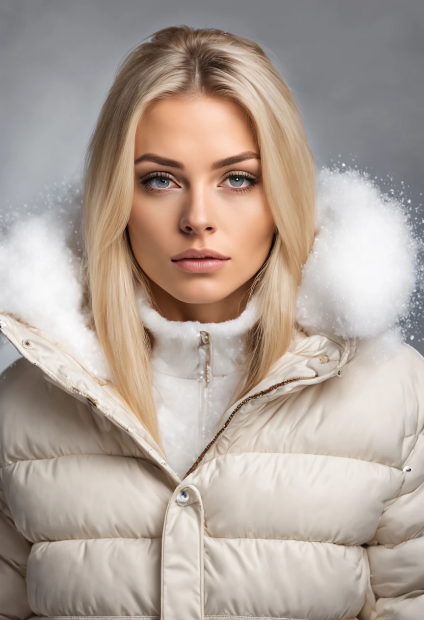 ultrarealistic high quality mugshot photo of a beautiful young european woman with platin blonde straight hair, wearing a puffer snow overall