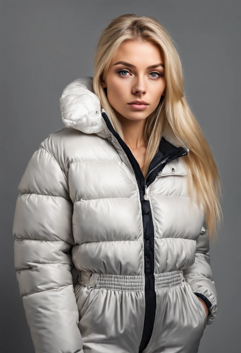 ultrarealistic high quality mugshot photo of a beautiful young european woman with platin blonde straight hair, wearing a puffer snow overall