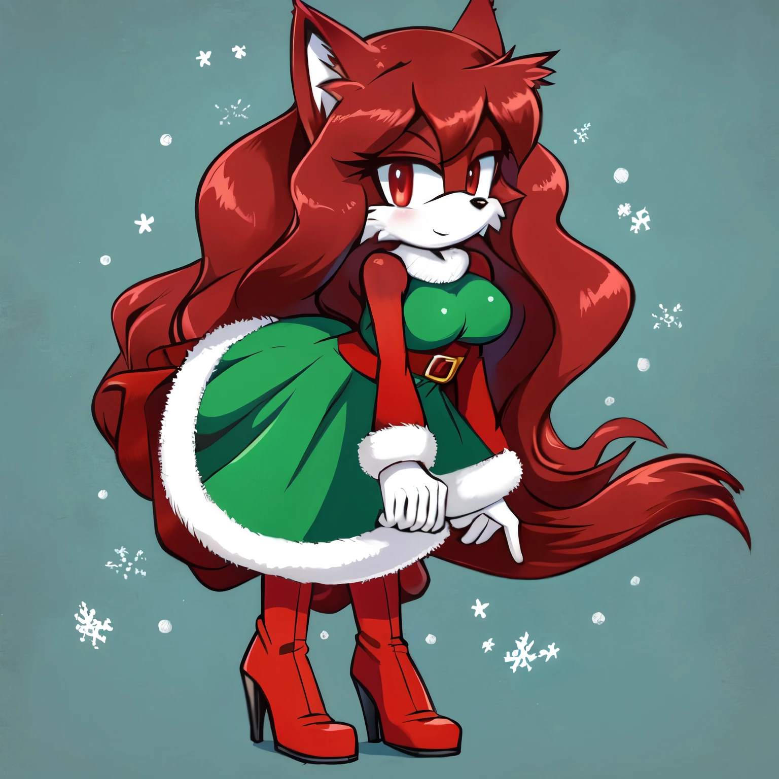 Female, Mobian, Fox, leaning forward, (((2D Anime Style))), (solo), (1girl), high quality digital art, red and black neon lines sketch art, winter like background, a dark crimson furred female anthropomorphic Fox, has red eyes, (((dark crimson fur))), (((VERY long and wavy dark crimson hair))), (large and long hair bangs), wispy lines, shoulder less long sleeve Christmas dress, high heeled boots with fuzzy cuffs, sleeves with fuzzy cuffs, dress with fuzzy trims, average sized breasts, (facing viewer)