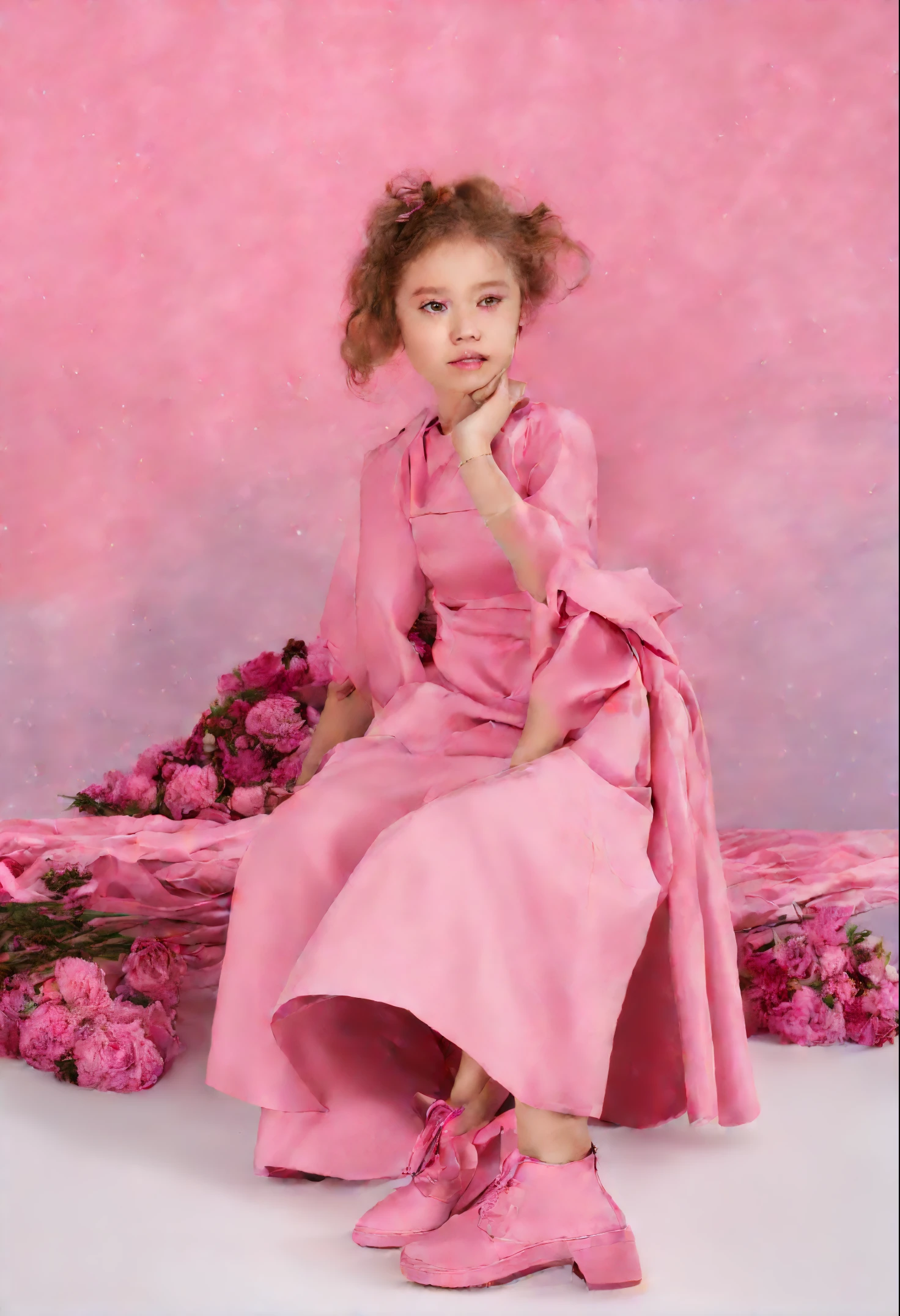 little brunette girl in retro pink dress, pink curtain in the background, golden giant sphere next to it, medium close up, high quality photo