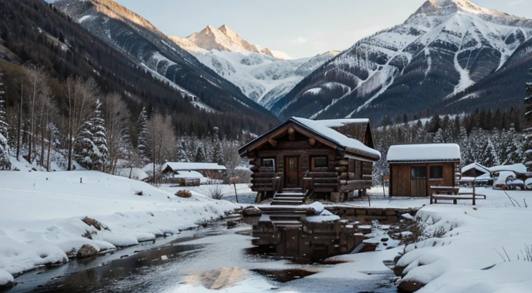 A log cabin with a garage in the last accessable point of a valley, middle height mountains, the only access road out from the front of the cabin reaches to a small pond, snow everywhere