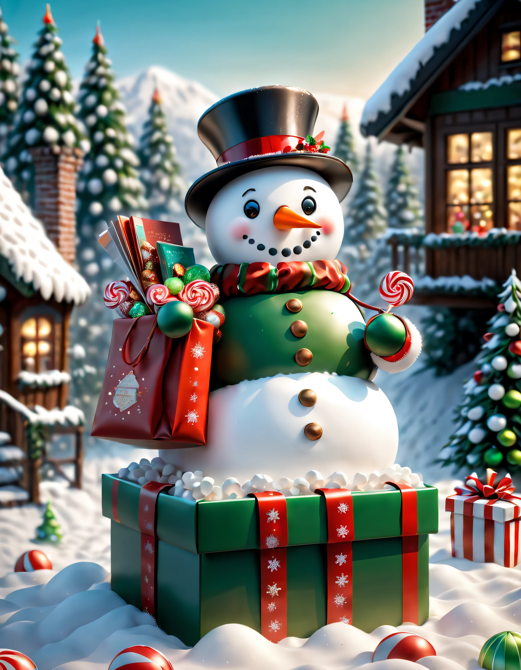 (((Cute snowman holding a book and a bag of candy,Standing inside an open gift box))),Robin perches on the snowman'heads,Christmas elements,illustratio,3Drenderingof,snow covered ground,festive decorations,candy wrapperestival clothing quality,8K,A high resolution,tmasterpiece:1.2),ultra - detailed,フォトリアリスティック,Studio lights up,Extremely detailed description,professional,vibrant with colors,Christmas theme,Winter wonderland,节日illustratio,vibrant with colors,Princess Snow White,Festive red and green,Warm and cozy Christmas lights