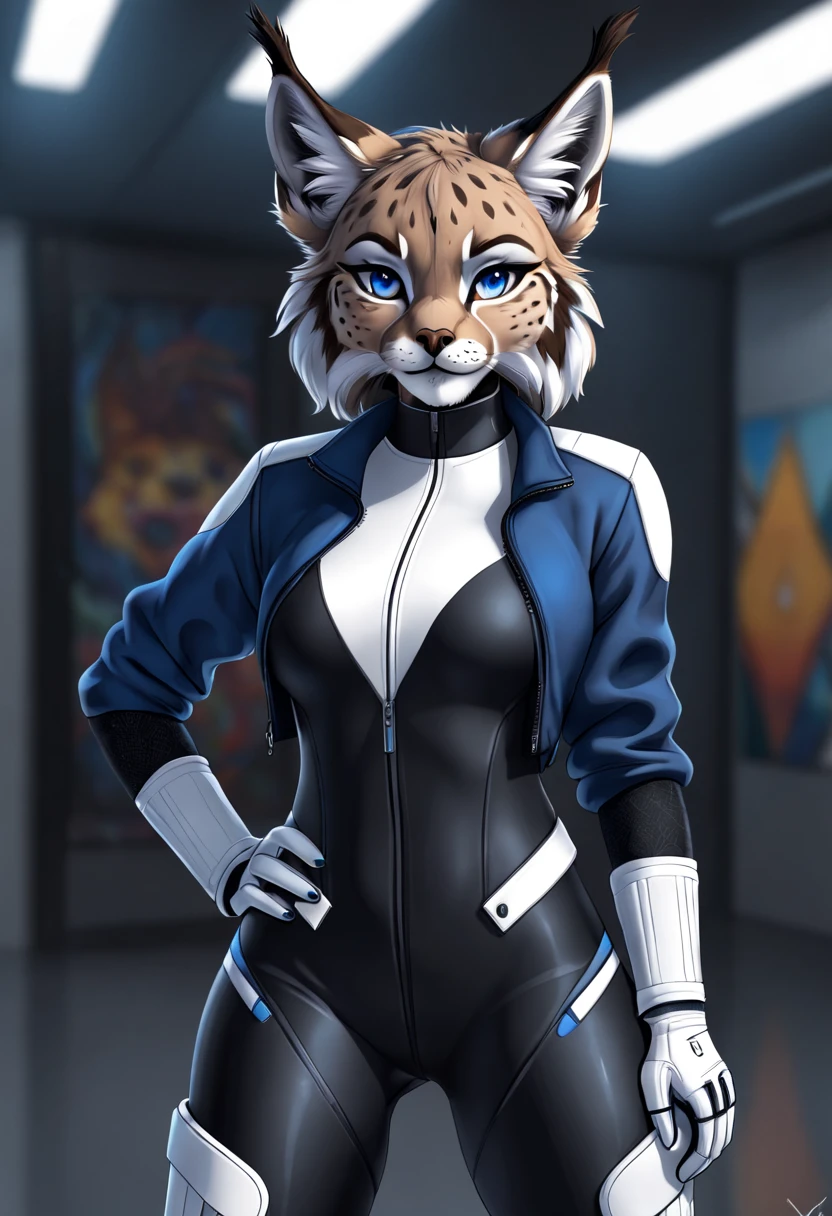 Furry one lynx, female, her fur has high details, her eyes are well detailed blue, her face is very pretty, she is wearing a tight black full body suit, she is wearing a blue jacket, she is wearing white cyber boots , he is wearing a white belt with, high quality 2D art style.