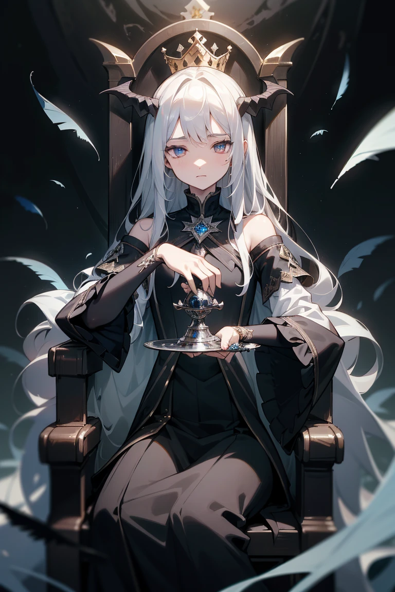 (((masterpiece))),best quality, illustration,(beautiful detailed demon lord), a demon lord ,solo,bare shoulders,flat_chst,diamond and glaring eyes,beautiful detailed cold face,very long blue and sliver hair,floaing black feathers,wavy hair,black and white sleeves,gold and sliver fringes,a (blackhole) behind the boy,a silver triple crown inlaid with obsidian,(sit) on the black ((throne)), (depth) of (field)