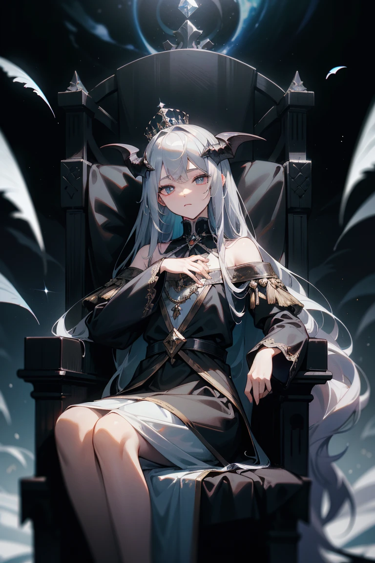 (((masterpiece))),best quality, illustration,(beautiful detailed demon lord), a demon lord ,solo,bare shoulders,flat_chst,diamond and glaring eyes,beautiful detailed cold face,very long blue and sliver hair,floaing black feathers,wavy hair,black and white sleeves,gold and sliver fringes,a (blackhole) behind the boy,a silver triple crown inlaid with obsidian,(sit) on the black ((throne)), (depth) of (field)