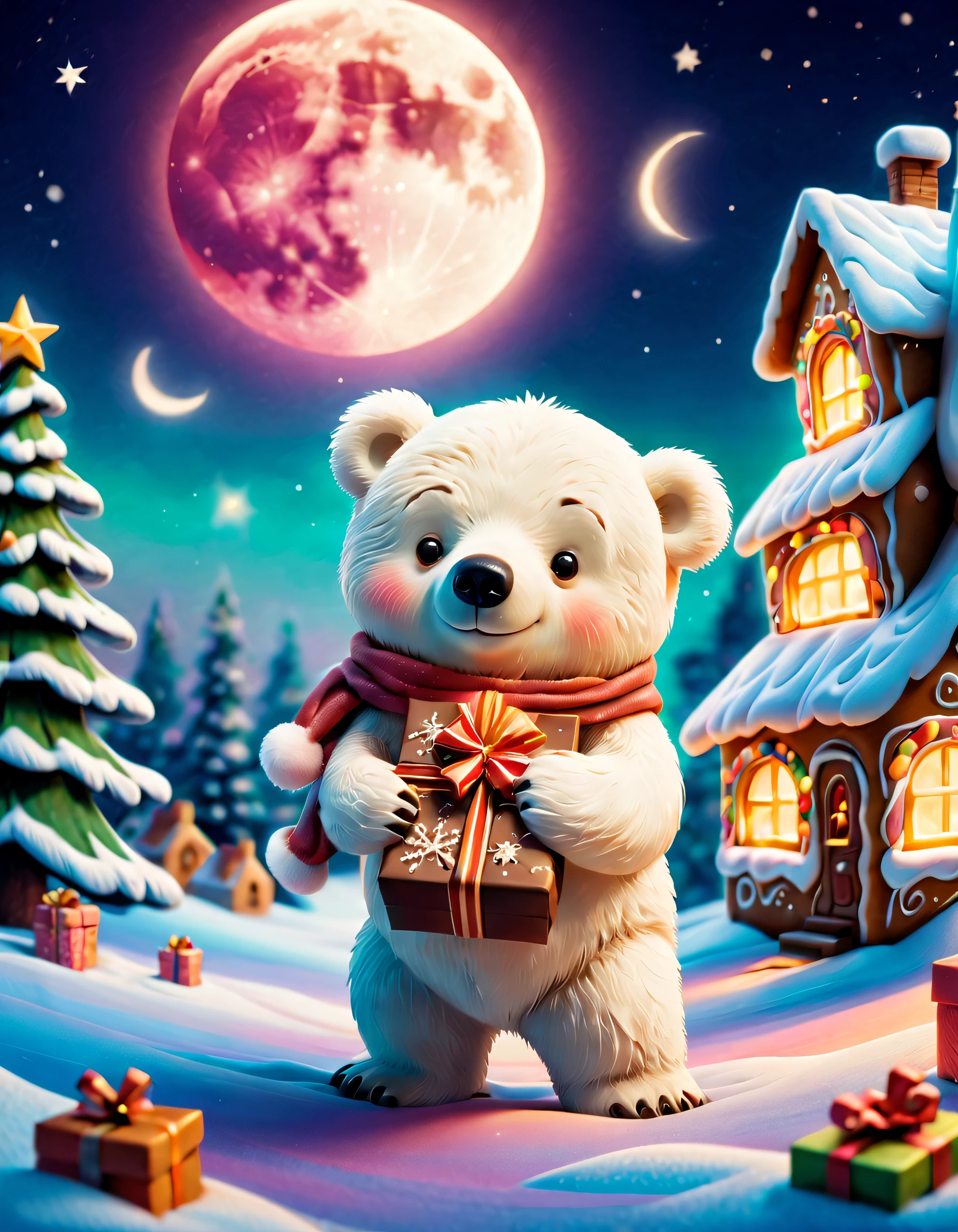 Best quality at best, 8K, A high resolution, tmasterpiece:1.2), ultra - detailed, (actual, realistically:1.37), vivd colour, magical ambiance, Whimsical, Sparkling,Fantasy Christmas World, themoon,(Snowy night in Christmas town),((In the middle of the picture,Cute little polar bear wearing Santa hat,Holding a book and a bag of cookies, Pour the cookies into the gift box,The chocolate bird lands on the gingerbread man,Christmas elements)),((Christmas tree,Candy and Snacks,sucrose,Christmas gifts)), and decorations, Lovely design style, natta,sky sky,moon full,Shown in this beautiful scene, vivd colour, hyper realisitc的, Psychedelic, Complicated details, Beautiful texture, Ethereal, like a dream, Soft glowing light, Charming Patterns, fantastical creature, Hidden surprises, dreamlike landscapes, hyper realisitc的 color palette, Mystic aura, hyper realisitc, Enchanting journey, psychedelic trip, vivid imagination, immersive experience, mysterious creature, otherworldly charm, glowing paths, Light up a dreamy and beautiful Christmas, hyper realisitc的天空, Whimsical Christmas elements, a magical encounter, Fascinating artwork