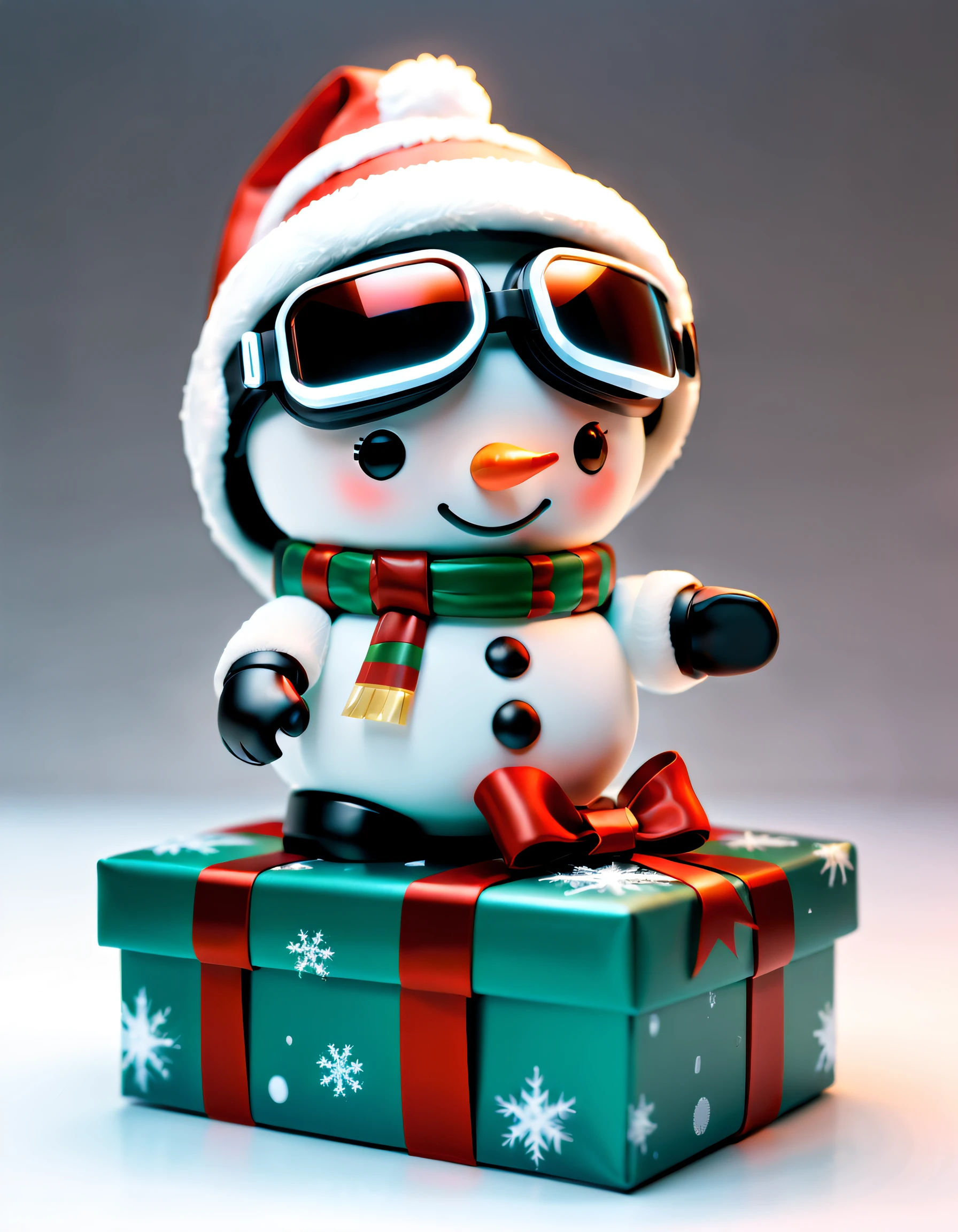 (A blind box toy),(((1 opened Christmas gift box,There is a transparent and cute Christmas snowman inside))),Transparent mech,Exquisite Christmas hat,Glow-in-the-dark goggles,cyber punk personage,dreamy glow,white backgrounid,(globalillumination,Ray traching,HighDynamicRange,Unrealistic rendering,Rational design,high detal,tmasterpiece,best quality,hyper HD,电影灯光)