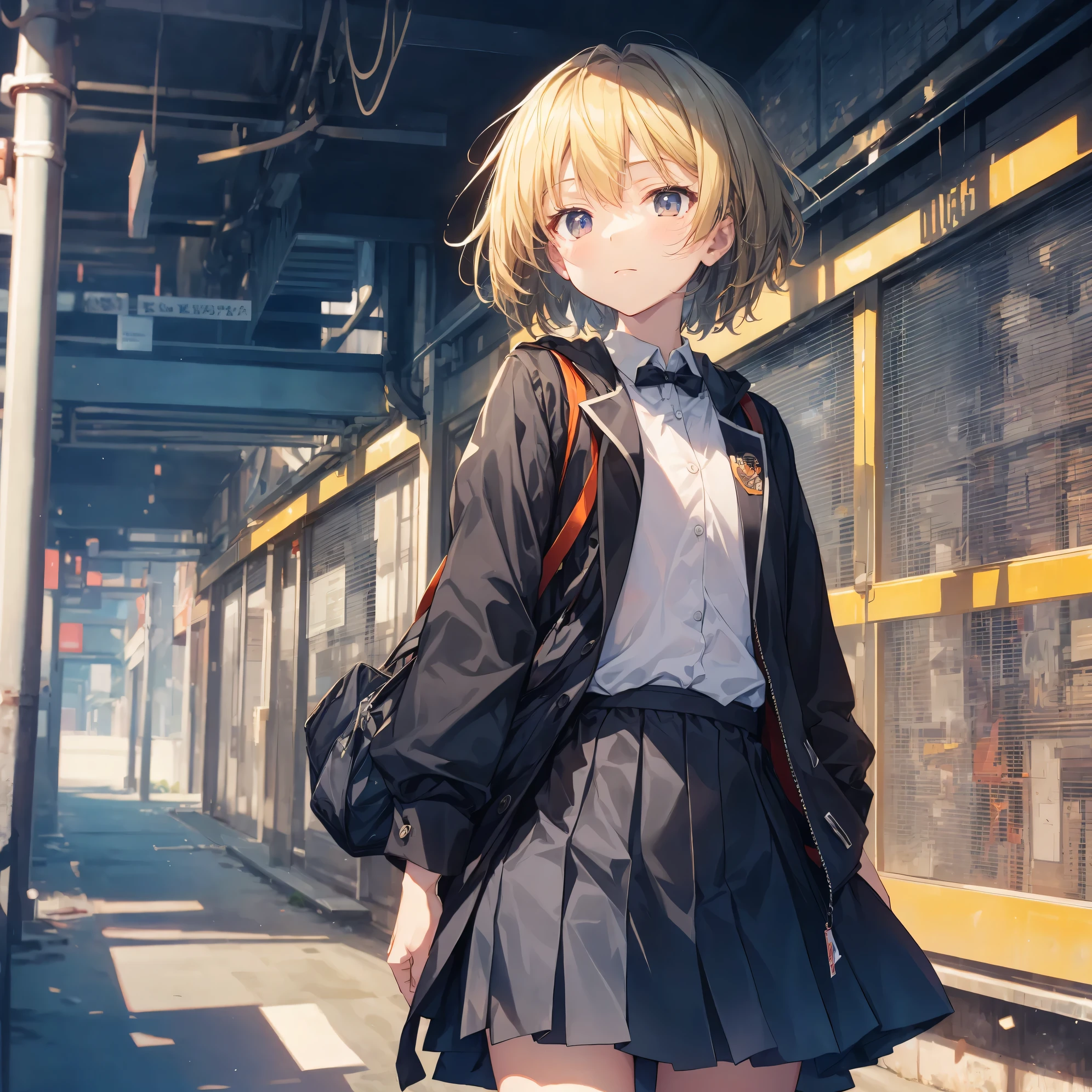 Super high quality by the art god, Ultra-detailed, High resolution, Shinkai Makoto style, anime moe art style, best anime 8K konachan wallpaper, Pixiv Contest Winner, Perfect Anatomy, BREAK,(Please draw a sleepy girl going to school alone.. ),BREAK, a hyperrealistic schoolgirl, (Solo,Lori,child,13years:1.3),Full limbs, complete fingers,a junior high school student, Androgynous attraction, (Very short hair), hair messy, flat chest, Small butt, groin, Small eyes,Beautiful detailed black eyes, Well-proportioned iris and pupils, disgusted eye, High resolution detailed hair, School uniform, Skirt, On the way to school. BREAK,Ultra-detailed細なスキン, Best lighting by famous artists, 8K,Cute illustration,