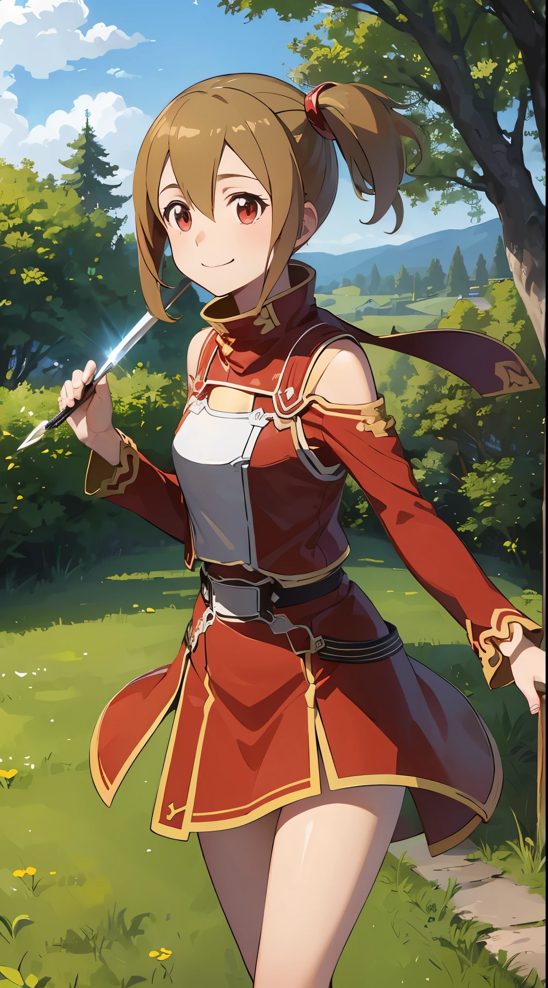 Silica,sword art online,(Photo:1.3), detaileds, silica_Aro, Solo, Smile,  tussock, Red dress, (high praise, enticing, Captivating, Exciting, Gorgeous, striking:1.3), Beautiful, (きわめてdetaileds, High quality:1.3)，hold a dagger in your right hand，grass field，grass blows in the wind，The path of the dagger becomes a band of light，shining sunlight background，One piece with gorgeous embroidery,Underwear with white decorations，childish，luxuriously decorated dagger，stick out a dagger，Skirt flips，Sparkling backgrounds