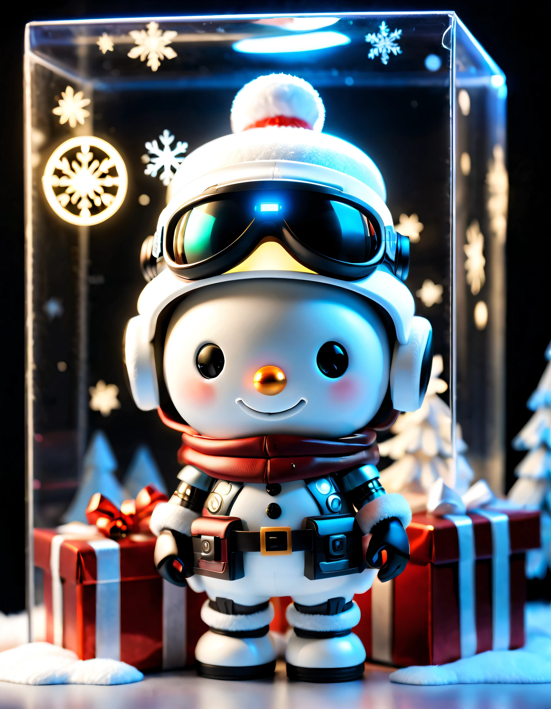 （A blind box toy)，（((1 Christmas gift box with lid opened，There is a transparent and cute Christmas snowman inside)))，Transparent mech，Exquisite Christmas hat，Glow-in-the-dark goggles，cyber punk personage，dreamy glow，white backgrounid，（globalillumination，Ray traching，HighDynamicRange，Unrealistic rendering，Rational design，high detal，tmasterpiece，best quality，hyper HD，电影灯光）