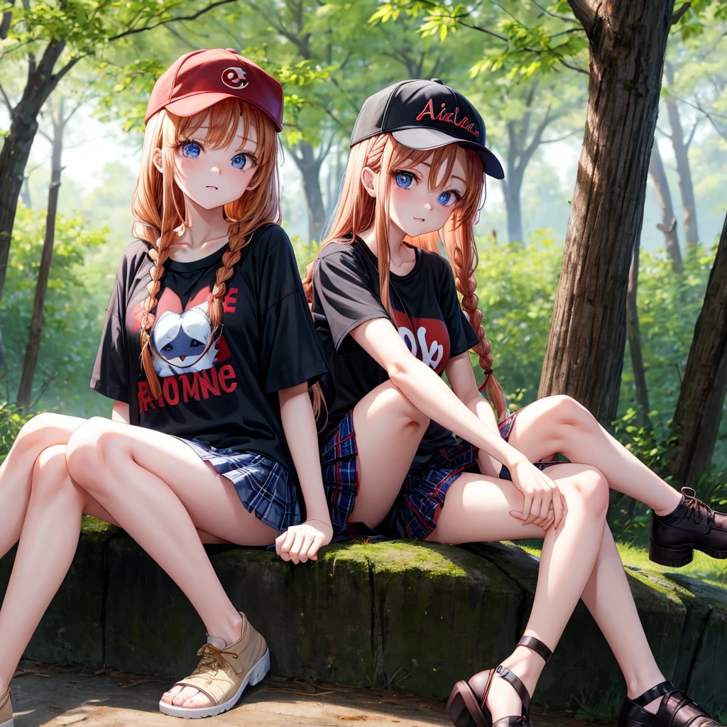 red blonde、blue eyess、Braids、one good looking girl、独奏、animesque、Plaid miniskirt、Black T-shirt、camisole、the woods、Sunlight、sitting on、Wearing a plaid baseball cap、bare-legged、Tilting your face、With a cheek cane