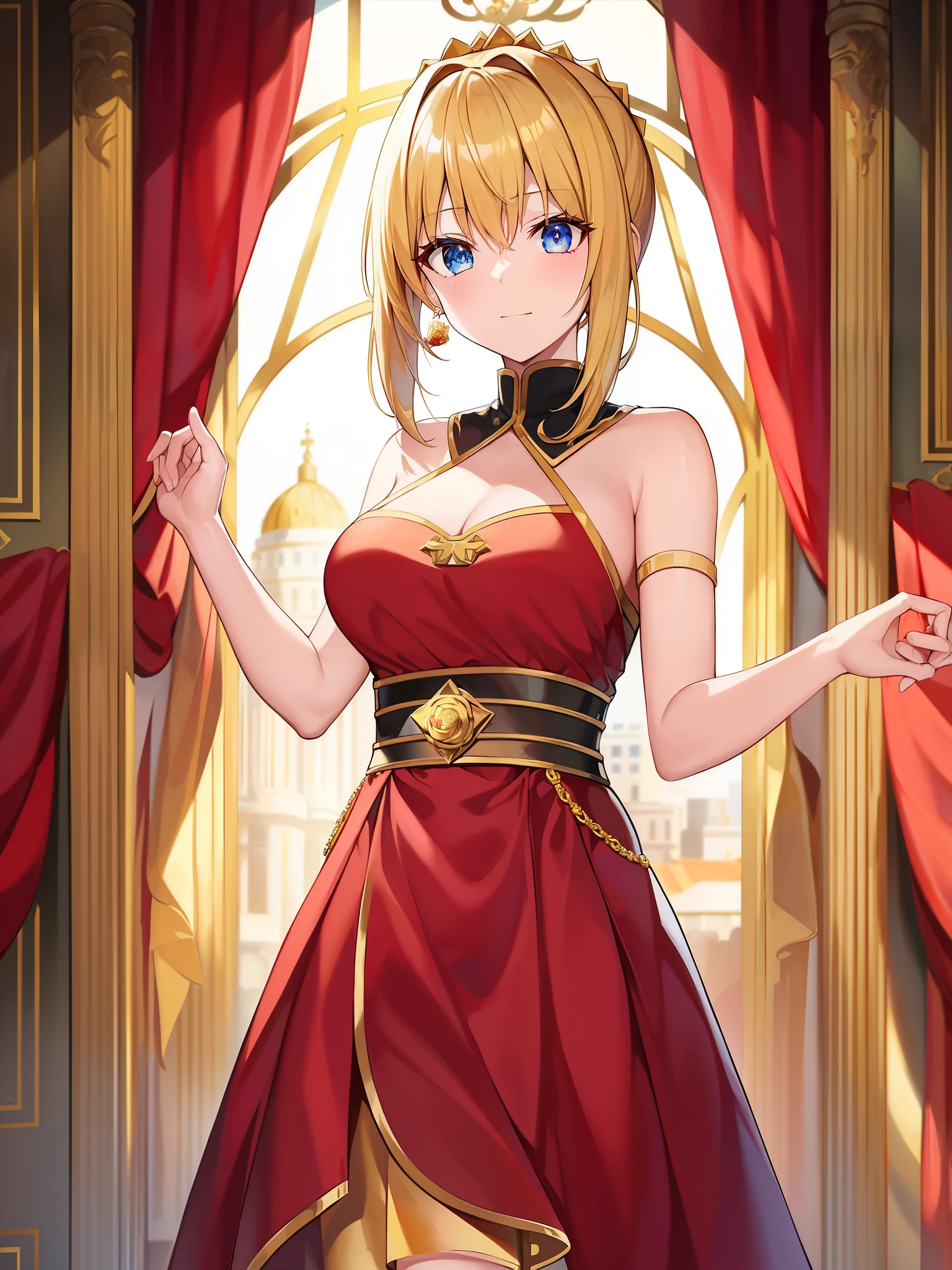 top-quality、Top image quality、masterpiece、rome、Domus Aurea、golden theater、Red Rose、Fate/Grand/Order、Nero Claudius、the emperor、a blond、tied ponytail、blue eyes、爆乳、RED dress、Red Rose、Thrice、Welcoming the setting sun、Unique barrier、chant、A flowery empire where children sing(Louth St. Claudius)、Look at my talent!Hear the thunderous applause!But praise me!golden theaterを!『A flowery empire where children sing、Look at my talent! Hear the thunderous applause! But praise! A golden theater! “The Empire of Flowers Singing as a Baby Girl”