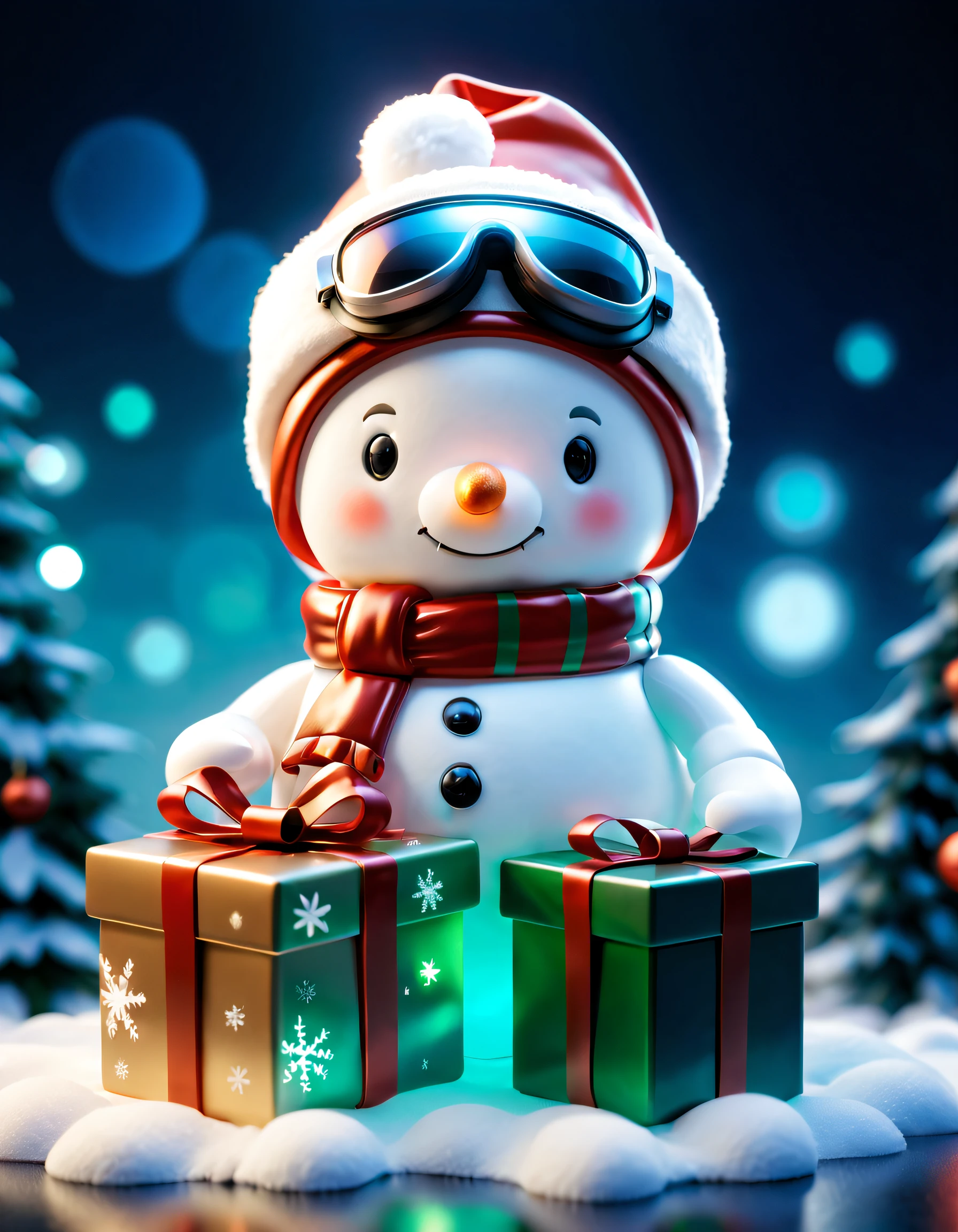 (A blind box toy),(1 opened Christmas gift box),1 transparent cute Christmas snowman,Transparent mech,Exquisite Christmas hat:1.2,Glow-in-the-dark goggles:1.2,cyber punk personage,dreamy glow,white backgrounid,(globalillumination,Ray traching,HighDynamicRange,Unrealistic rendering,Rational design,high detal,tmasterpiece,best quality,hyper HD,电影灯光)