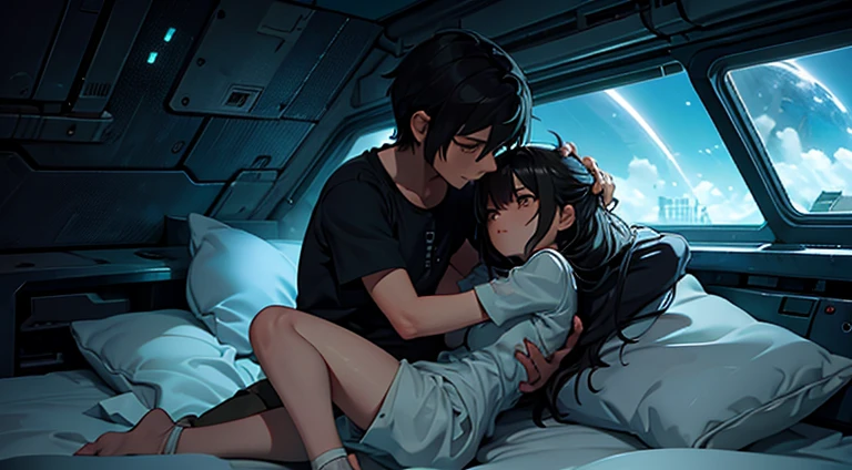 a teenager girl  cuddling with an emo teenager guy in bed, space, space ship, futuristic, bed, bedroom, cuddling, hugging