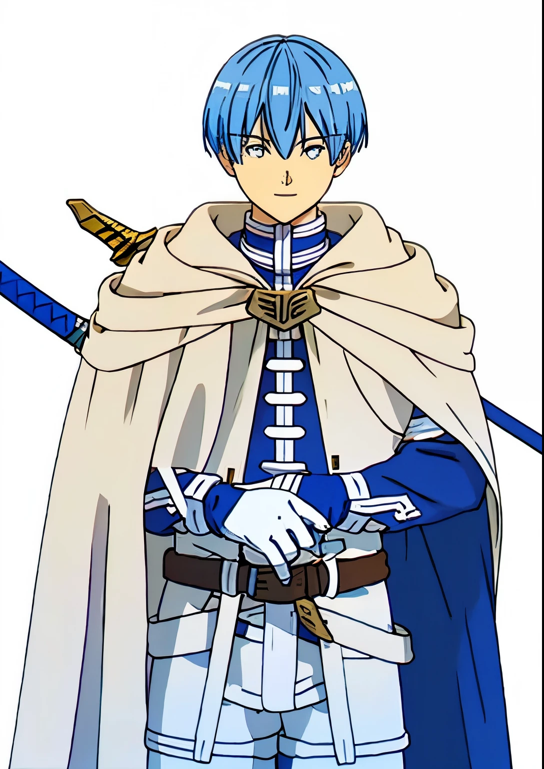 man holding a sword, holding a two - handed sword, masterpiece, best quality, 1boy, solo, male focus, looking at viewer, upper body, himmel_sousou_no_frieren, blue hair, blue eyes, illustration, sword, standing holding sword, facing forward, plain white background, Himmel,1man, cape, jacket, belt, pants, boots,