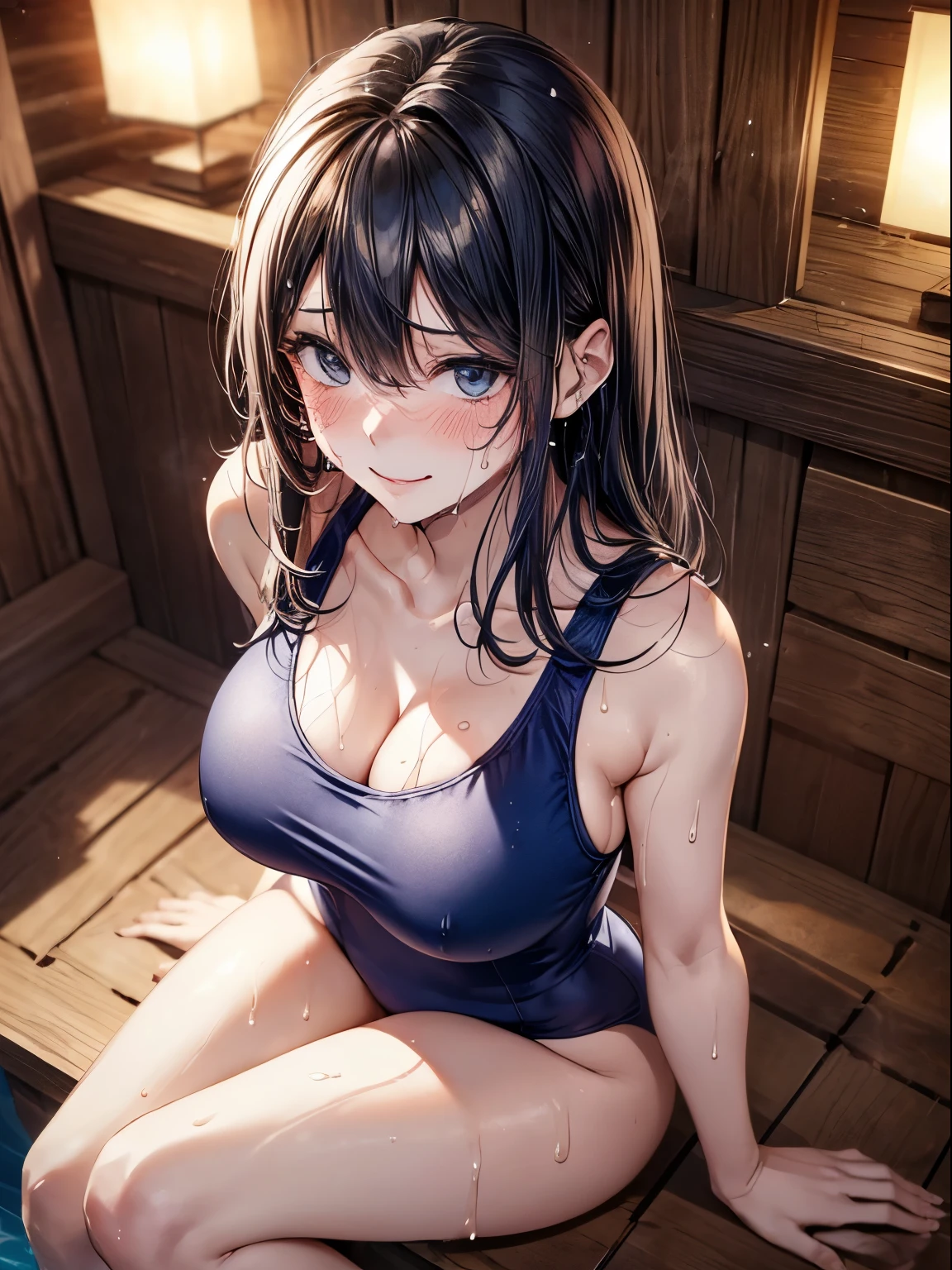 top-quality、Full limbs、complete fingers、Slender beauty、a 25yo woman、(Woman with dark hair)、Beautiful Large Breasts、(Navy blue sleeveless one-piece school swimsuit:1.5)、Sauna room at a hot spring inn、Hinoki sauna room、(((secret room with no window:1.5)))、Sauna stove、Sauna room heated by light、A woman sitting on a cypress bench、((wet texture of swimsuit))、((A woman sweating profusely:1.5))、woman experiencing heat wave、A big smile
