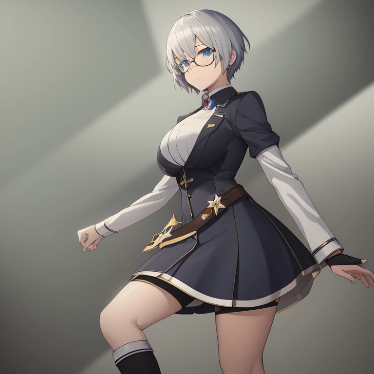 Short anime girl, glasses, white hair, blue eyes, short hair, honkai impact art style, huge breasts,