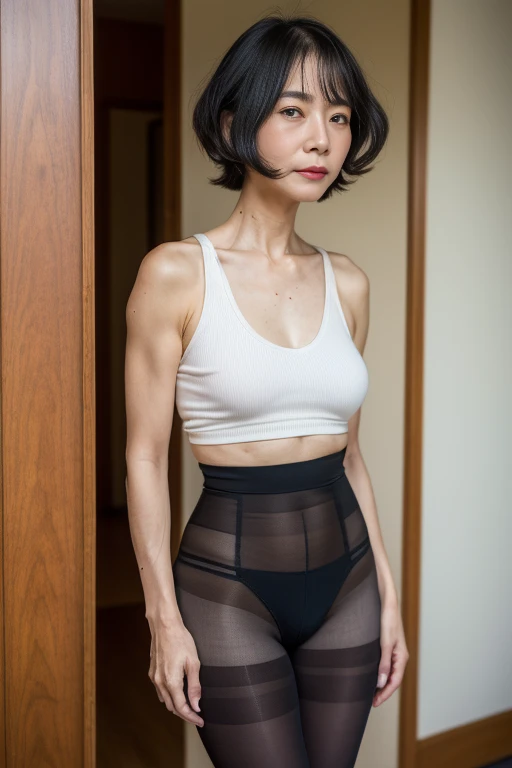 ((Highest quality)), ((8k)), ((masterpiece: 1.3)), (Perfect appearance), (Photorealism: 1.6), (JMA), (Who), (KE), (Genuine:1.4), 2, Perfect Anatomy, 65 years old, ((Realistic skin texture)), (Fine lines on the skin), (Dull skin), (Facial wrinkles), (Wrinkles around the eyes), double eyelid, Tear bags under the eyelids, (corner of the eye), Thin eyebrows, Medium Long Hair, (Two mature women embracing each other in their underwear), ((Standing posture: 1.3)),