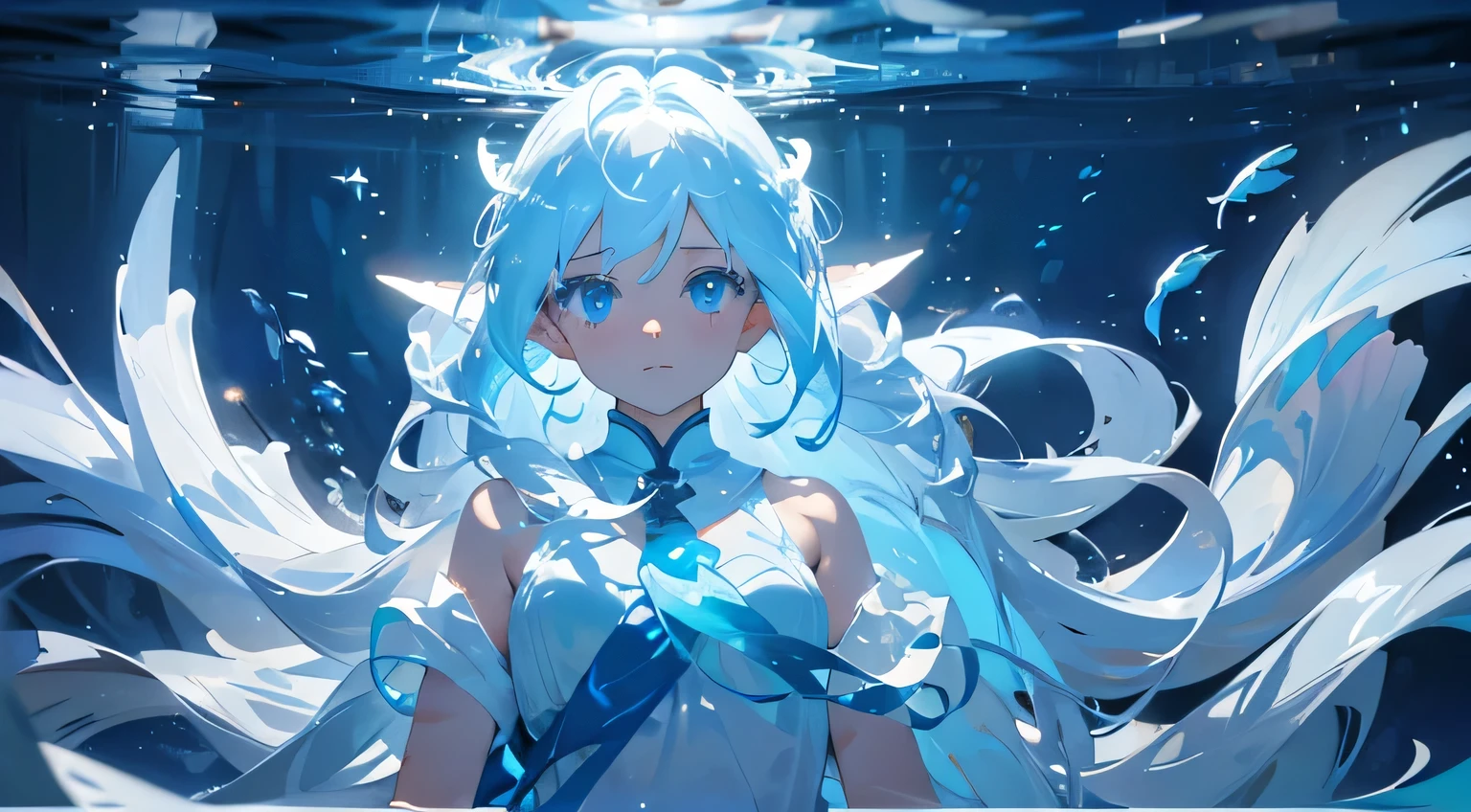 merfolk，fish gills ears，light blue  eyes，white eyelashes long hair，Too much white gradient at the blue gradient transition at the tail，tmasterpiece:1.2、quality), (1 Lady、The lower body is in the water，Upper body exposed to water