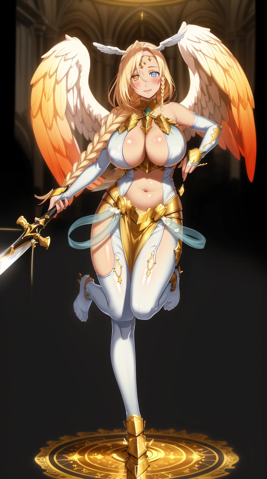 (masterpiece, best quality, highly detailed), 1girl, sarielx, heterochromia, braided ponytail, braided bangs, dramatic lighting, god rays, gold armor, underboob, gold skirt, gold boots, angel wings, head wings, cathedral, vitril, stained glass, standing, angel, wings, full body, feet,Gothic art, Renaissance, glowing light, god rays, blurry, sparkle, motion blur, depth of field, chiaroscuro, cinematic lighting, chromatic aberration, backlighting, bloom, blending, UHD, retina, masterpiece, ccurate, anatomically correct, textured skin, super detail, high details, high quality, award winning, best quality, highres, pullover, pants, sword holding, smile, happy, blush, pantyhose, bodysuit, refsheet