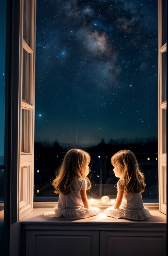 you see two sweet angels in your room, room, soft light, you see through the window the starry sky
