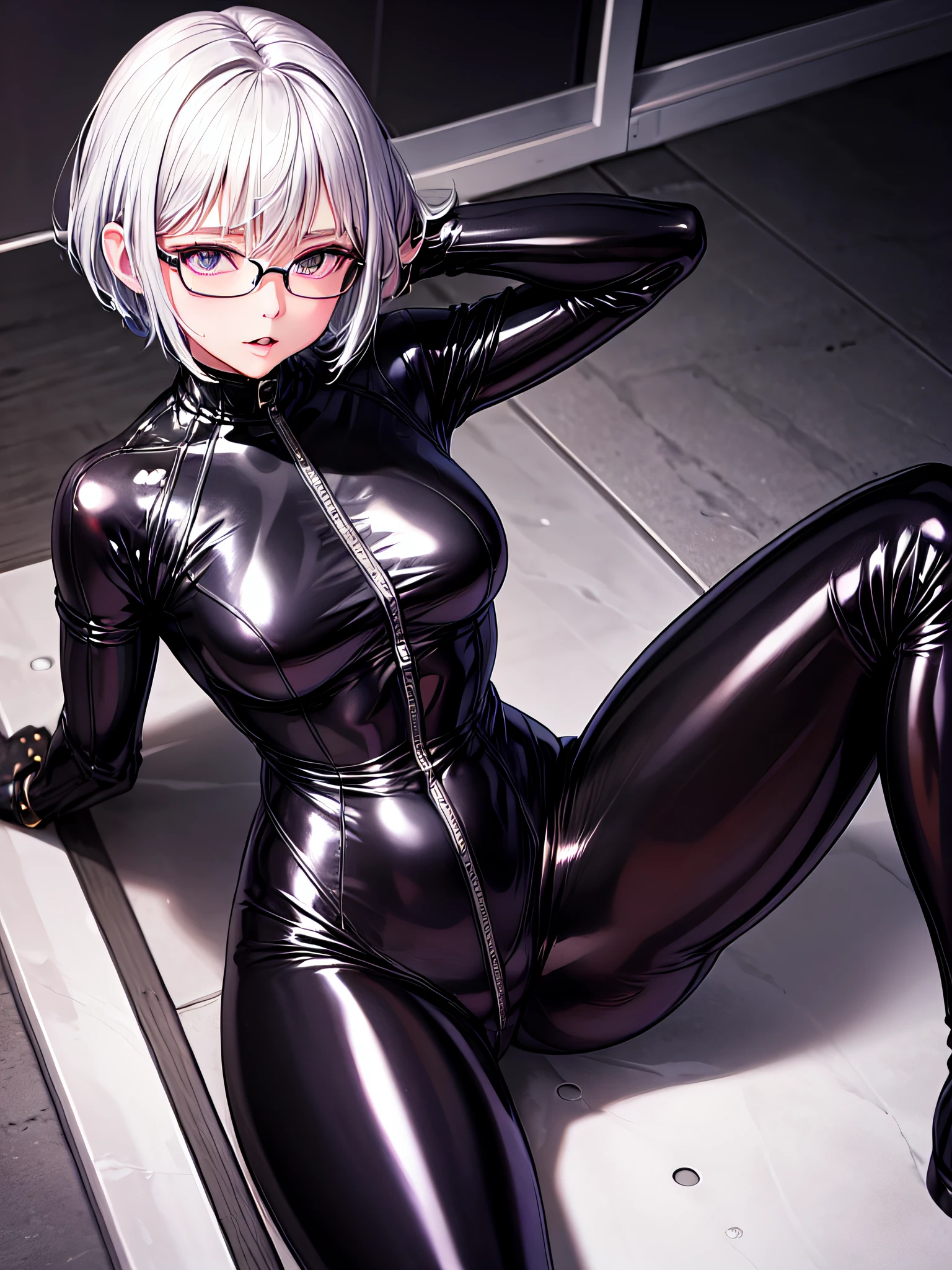 5 8K UHD、Beautiful woman with short silver hair and glasses wearing a silver metallic latex sweatsuit is posing with open legs。.、black metallic latex sweatsuit with hidden skin、独奏