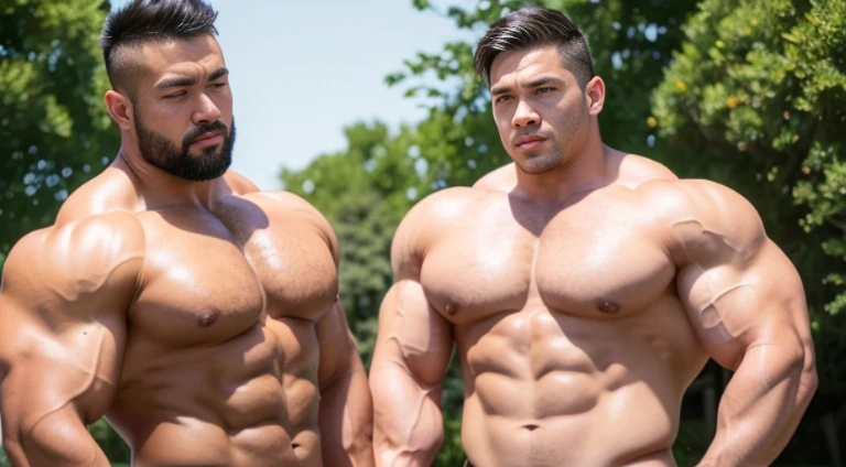 (Very detailed 8k wallpaper), two asian men, muscle worship, arms folded, On the playground, high detailing, buzzcut, very large and strong body, bulging muscles, well-muscled, very large pectoral muscles. Very sexy abs, legs are well-muscledの, Toned figure, lightens oily skin, well-muscledの, Tank top, T-shirt, longshot, Wide Shot