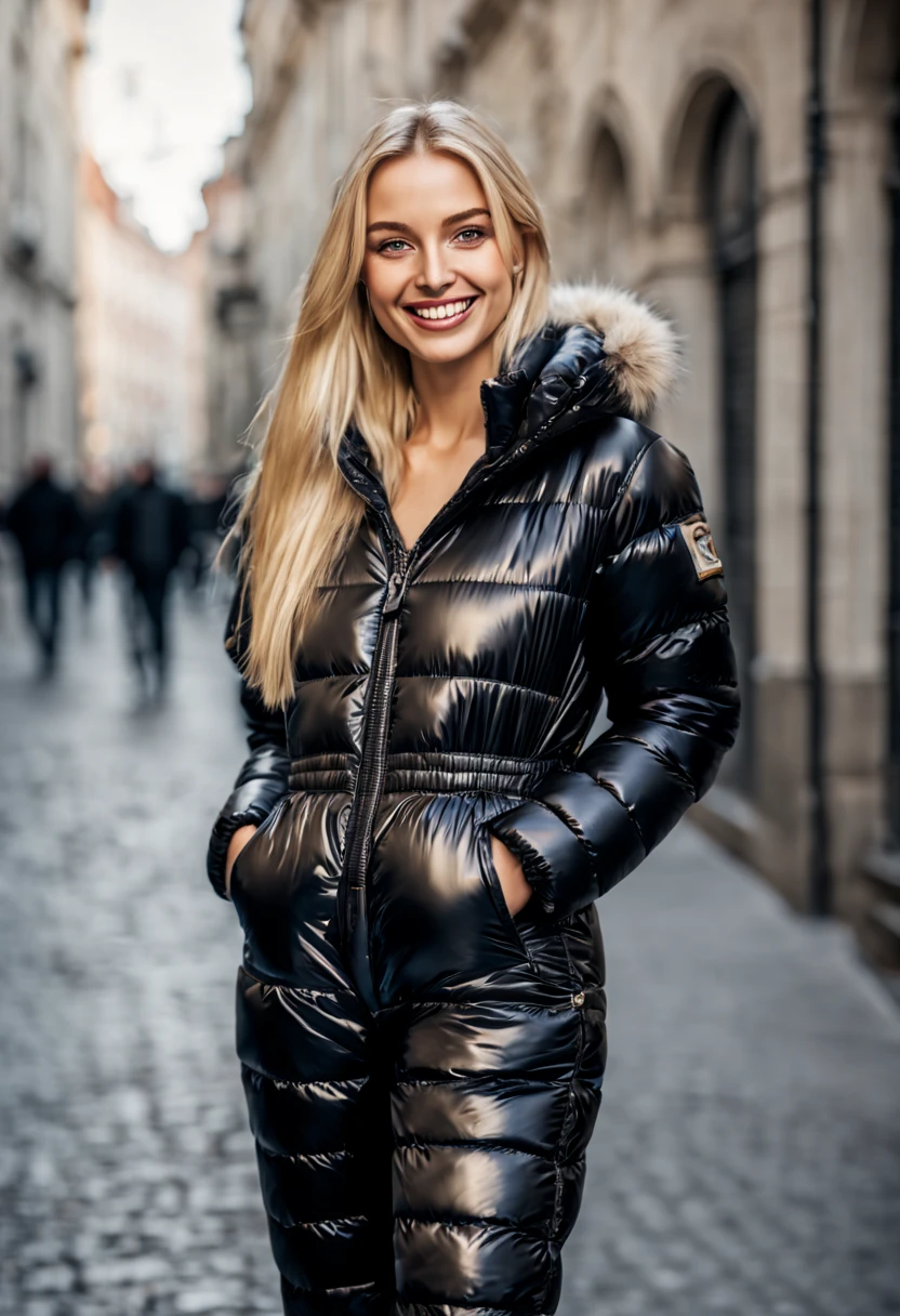 ultrarealistic high quality mugshot photo of a beautiful young european woman with platin blonde straight hair and beautiful smile, wearing a shiny black puffer snow overall, full body street photography