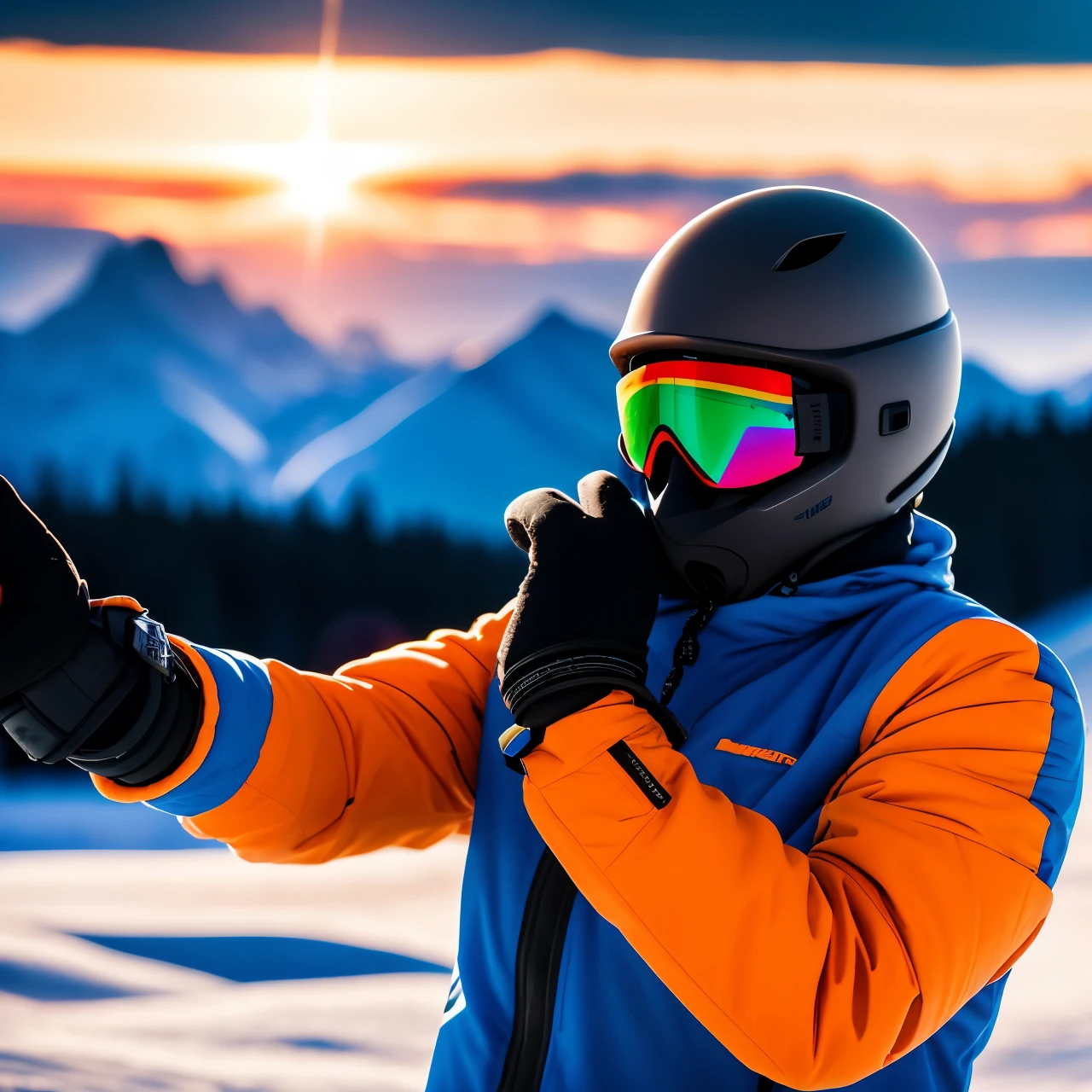 skier in blue jacket and black gloves holding up his skis, holding a snowboard, tactical helmet and orange balaklava and googles and gloves, extreme cold, best selling, cold, 🕹️ 😎 🔫 🤖 🚬, holds a smart phone in one hand, cold sunny weather, avatar image, male polar explorer, national geographic, japaniese kata, snowy mountains in background, sun is behind the skier and lights a mountains, detailed mountains