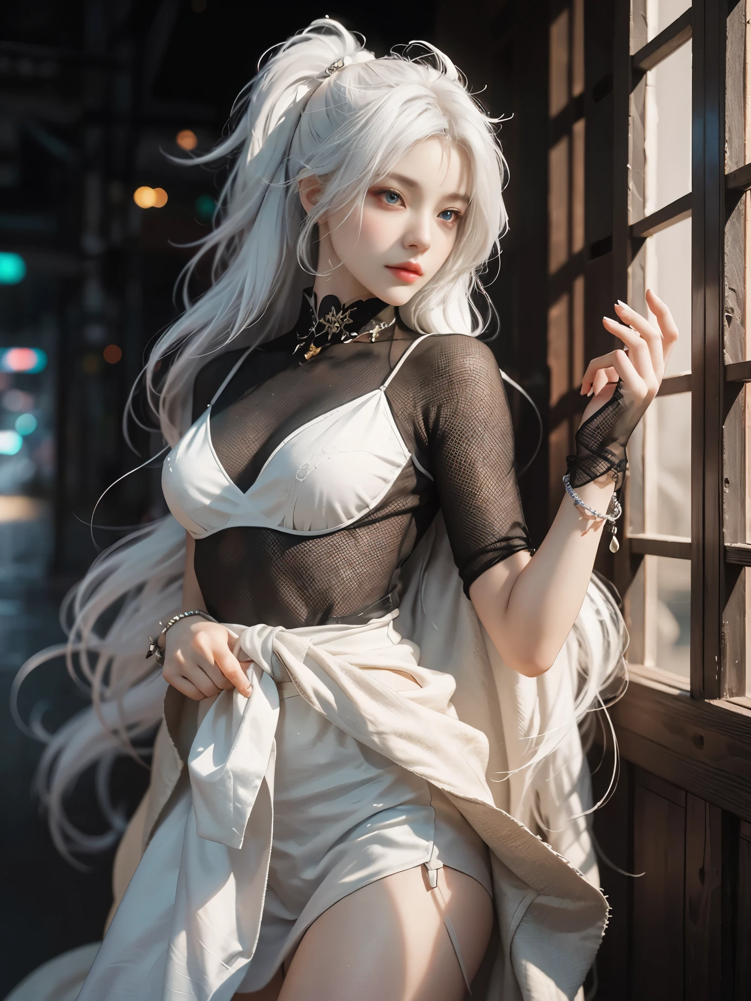 Close-up of woman with white hair and white mask、beautiful character painting、guweiz、Artwork in the style of Gwise、white haired god、Jan J、epic exquisite character art、Stunning character art、Fanchy、Uzunsifan、Guweiz on the Pixiv art station,Faces of reality,Real people,Photo quality,Real person footage captured on camera,Shooting from the waist up,Live-action feeling,Quite light clothing,see-through underware,Beautiful clear eyes,Beautiful sparkling eyes,being thin,strong-willed gaze,A living angel who descends to earth and blends into ordinary life while hiding his true identity in the human world.,