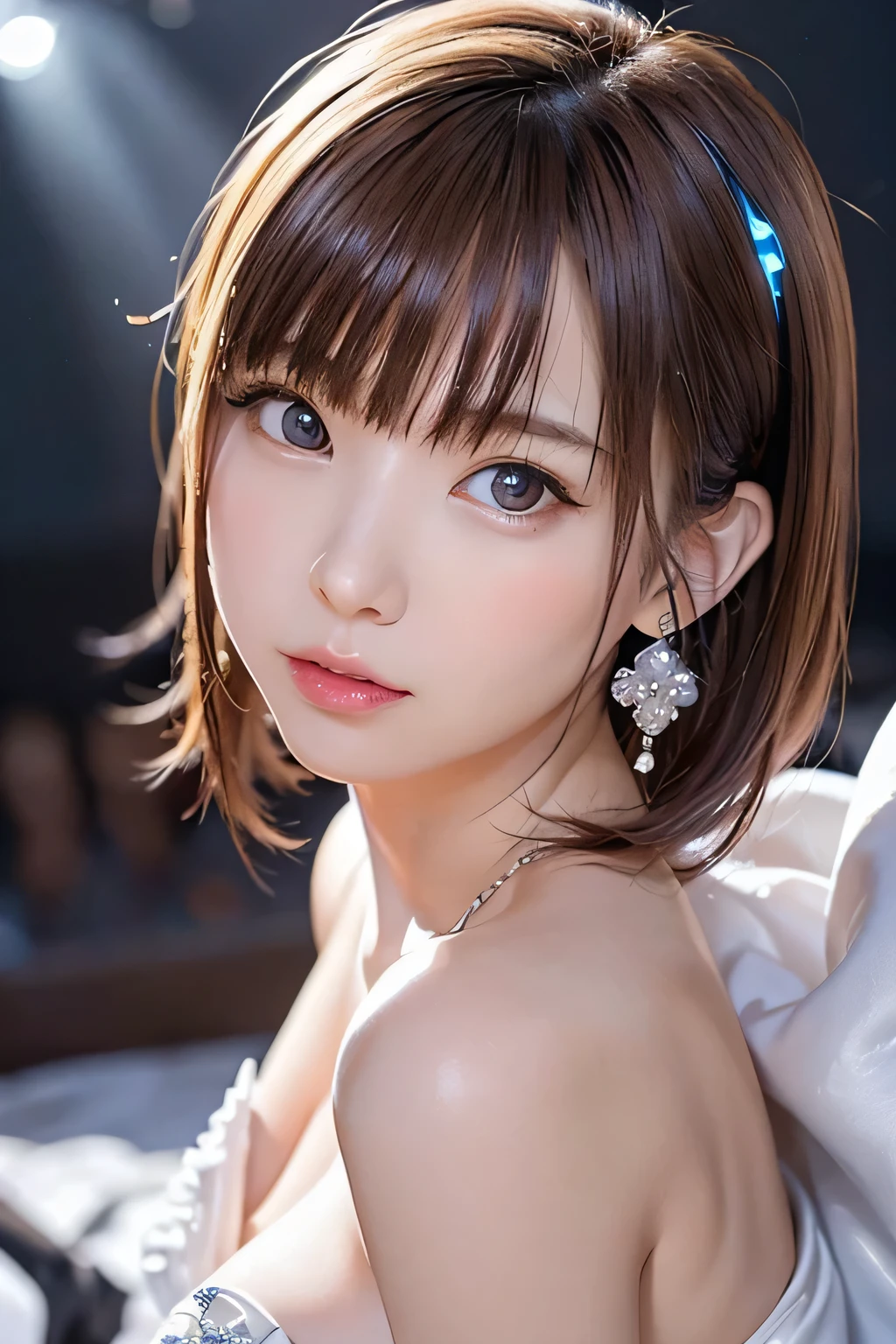 ​masterpiece, top-quality, illustratio, Saxophone Blue, Platinum Earrings, Platinum Necklace, white dres, 1girl in, cute little, (Dynamic lighting:1.2), lighting like a movie, delicated facial features, A detailed eye, Sharp pupils, Realistic pupils, depth of fields, bokeh dof, foco nítido, (ultra-detailliert, bloom, Glow:1.4), Many Small Gems、　Red Neon