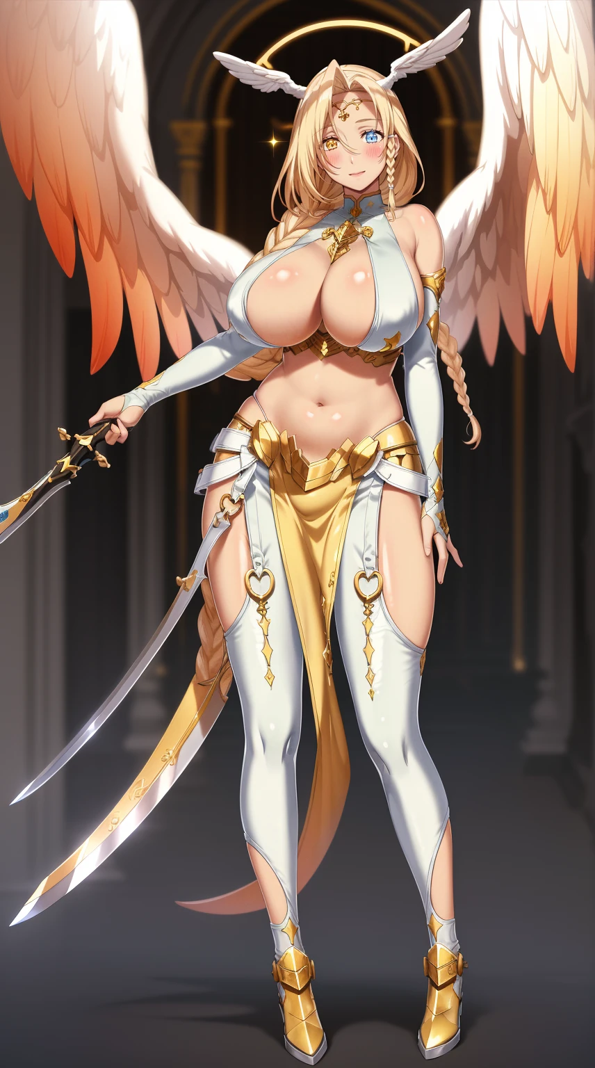 (masterpiece, best quality, highly detailed), 1girl, sarielx, heterochromia, braided ponytail, braided bangs, dramatic lighting, god rays, gold armor, underboob, gold skirt, gold boots, angel wings, head wings, cathedral, vitril, stained glass, standing, angel, wings, full body, feet,Gothic art, Renaissance, glowing light, god rays, blurry, sparkle, motion blur, depth of field, chiaroscuro, cinematic lighting, chromatic aberration, backlighting, bloom, blending, UHD, retina, masterpiece, ccurate, anatomically correct, textured skin, super detail, high details, high quality, award winning, best quality, highres, pullover, pants, sword holding, smile, happy, blush, hose, bodysuit, refsheet, halo