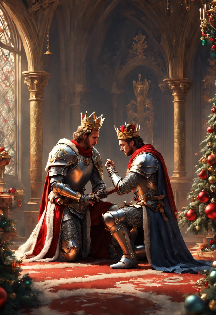 The king give a sword as gift to the knight, knight Kneeling on one knee, crown ceremony, Christmas decorations, intricate, (masterpiece, Representative work, official art, Professional, unity 8k wallpaper:1.3)