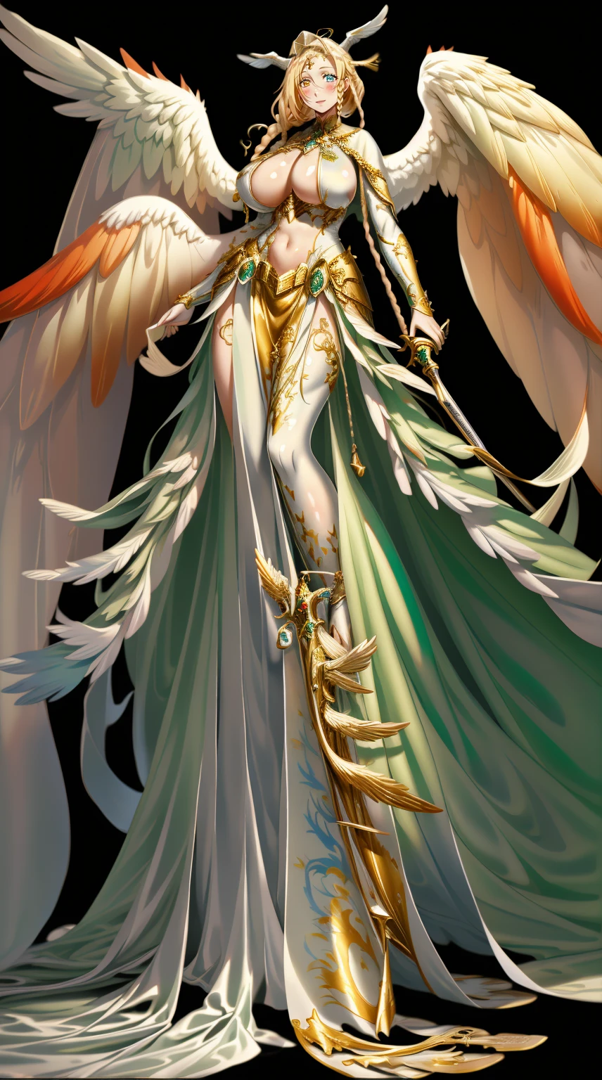 (masterpiece, best quality, highly detailed), 1girl, sarielx, heterochromia, braided ponytail, braided bangs, dramatic lighting, god rays, gold armor, underboob, gold skirt, gold boots, angel wings, head wings, cathedral, vitril, stained glass, standing, angel, wings, full body, feet,Gothic art, Renaissance, glowing light, god rays, blurry, sparkle, motion blur, depth of field, chiaroscuro, cinematic lighting, chromatic aberration, backlighting, bloom, blending, UHD, retina, masterpiece, ccurate, anatomically correct, textured skin, super detail, high details, high quality, award winning, best quality, highres, pullover, pants, sword holding, smile, happy, blush, pantyhose, bodysuit, refsheet, halo,hjy, a green and white dress with a bird on it
hjy, a dress with a long train and a cape
hjy, a woman in a red and white dress and a red and white robe