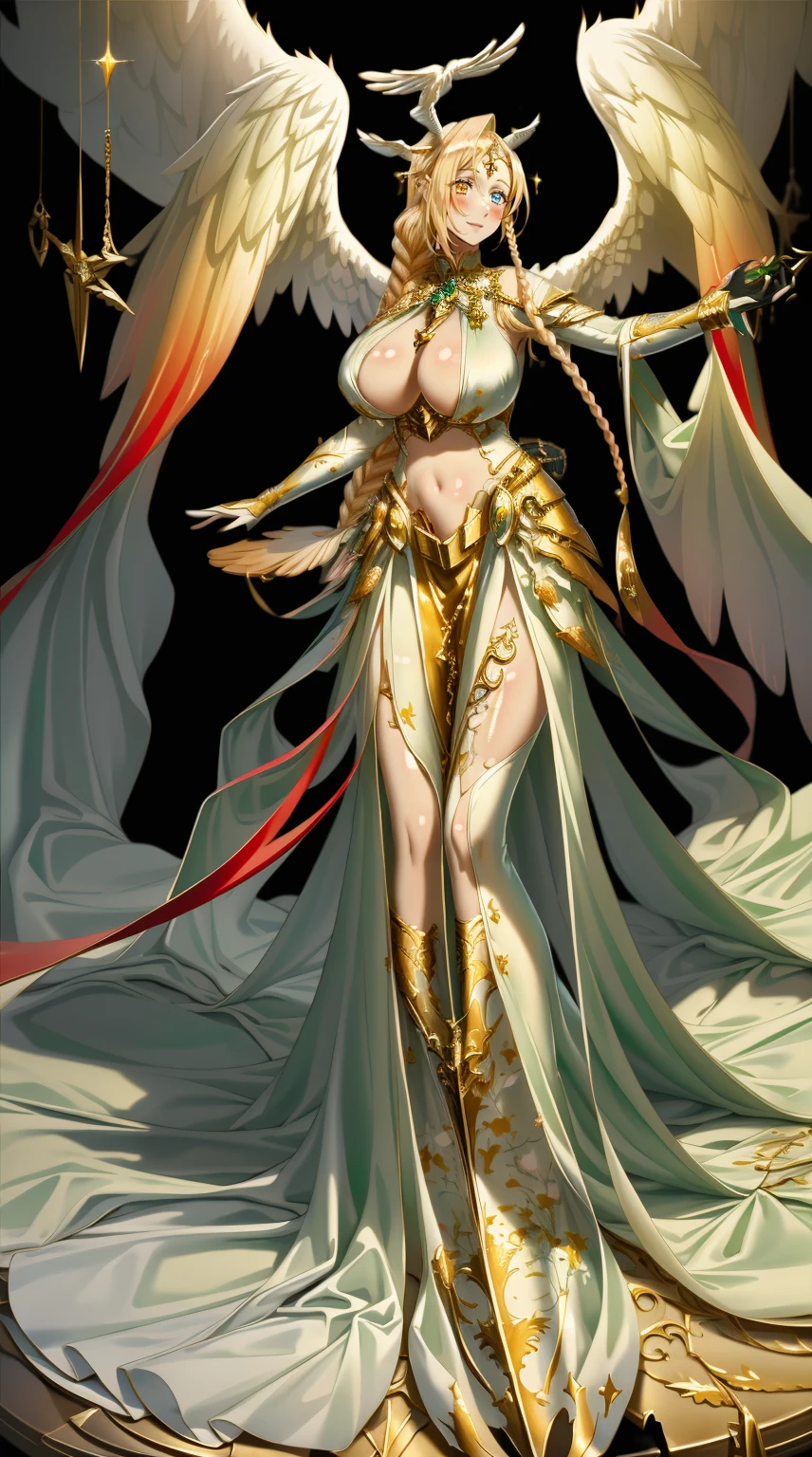 (masterpiece, best quality, highly detailed), 1girl, sarielx, heterochromia, braided ponytail, braided bangs, dramatic lighting, god rays, gold armor, , gold skirt, gold boots, angel wings, head wings, cathedral, vitril, stained glass, standing, angel, wings, full body, feet,Gothic art, Renaissance, glowing light, god rays, blurry, sparkle, motion blur, depth of field, chiaroscuro, cinematic lighting, chromatic aberration, backlighting, bloom, blending, UHD, retina, masterpiece, ccurate, anatomically correct, textured skin, super detail, high details, high quality, award winning, best quality, highres, pullover, pants, sword holding, smile, happy, blush, pantyhose, , refsheet, halo,hjy, a green and white dress with a bird on it
hjy, a dress with a long train and a cape
hjy, a woman in a red and white dress and a red and white robe