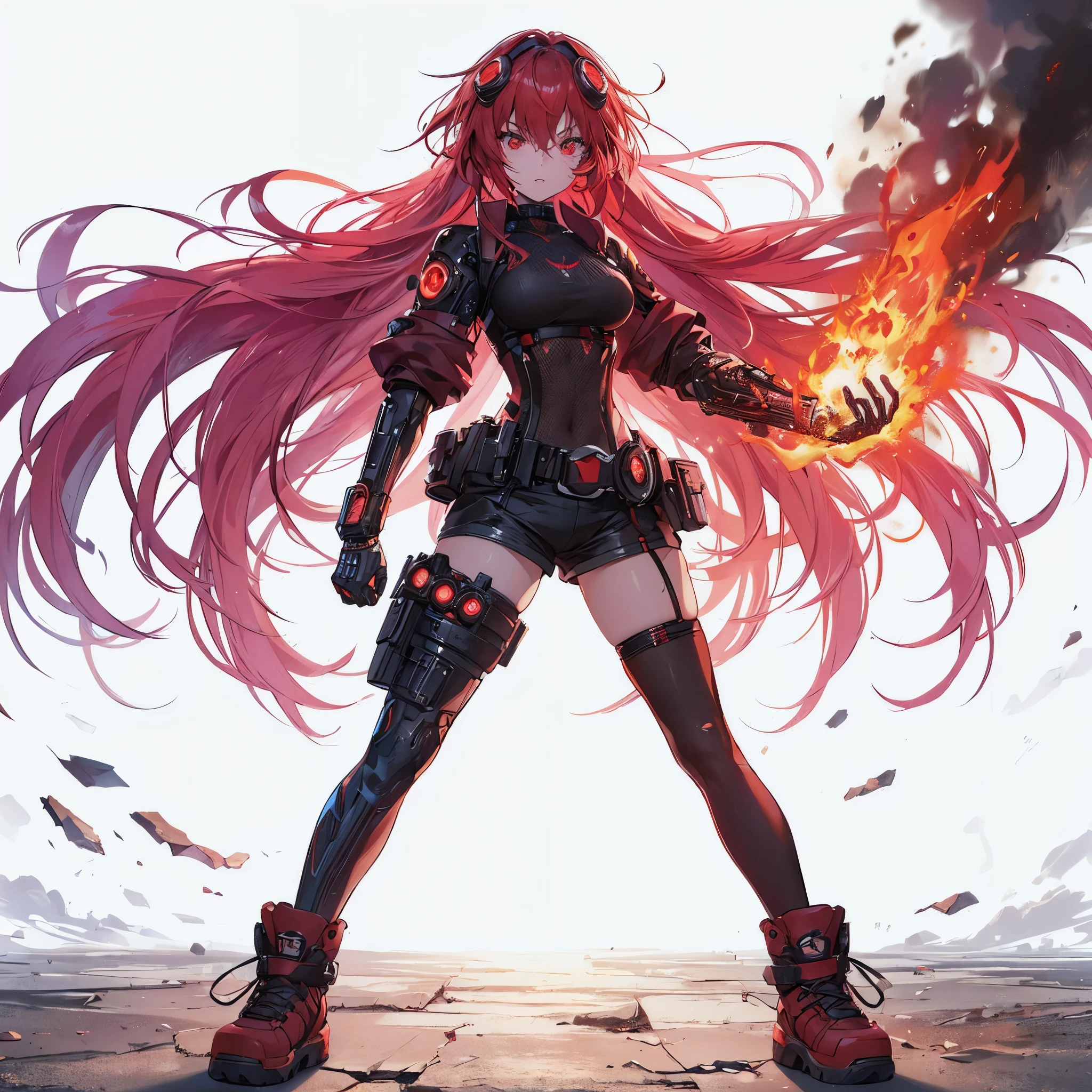 (Masterpiece, best quality), (perfect athlete body:1.2), (detailed hair), ultra-detailed, anime style, solo, full body, cyberpunk fire starter girl, red hair, red eye, wears cyberpunk shorts top and bottom, burning fist, raised boots, digital painting, 8k high resolution, whole body, white background, standing wasteland