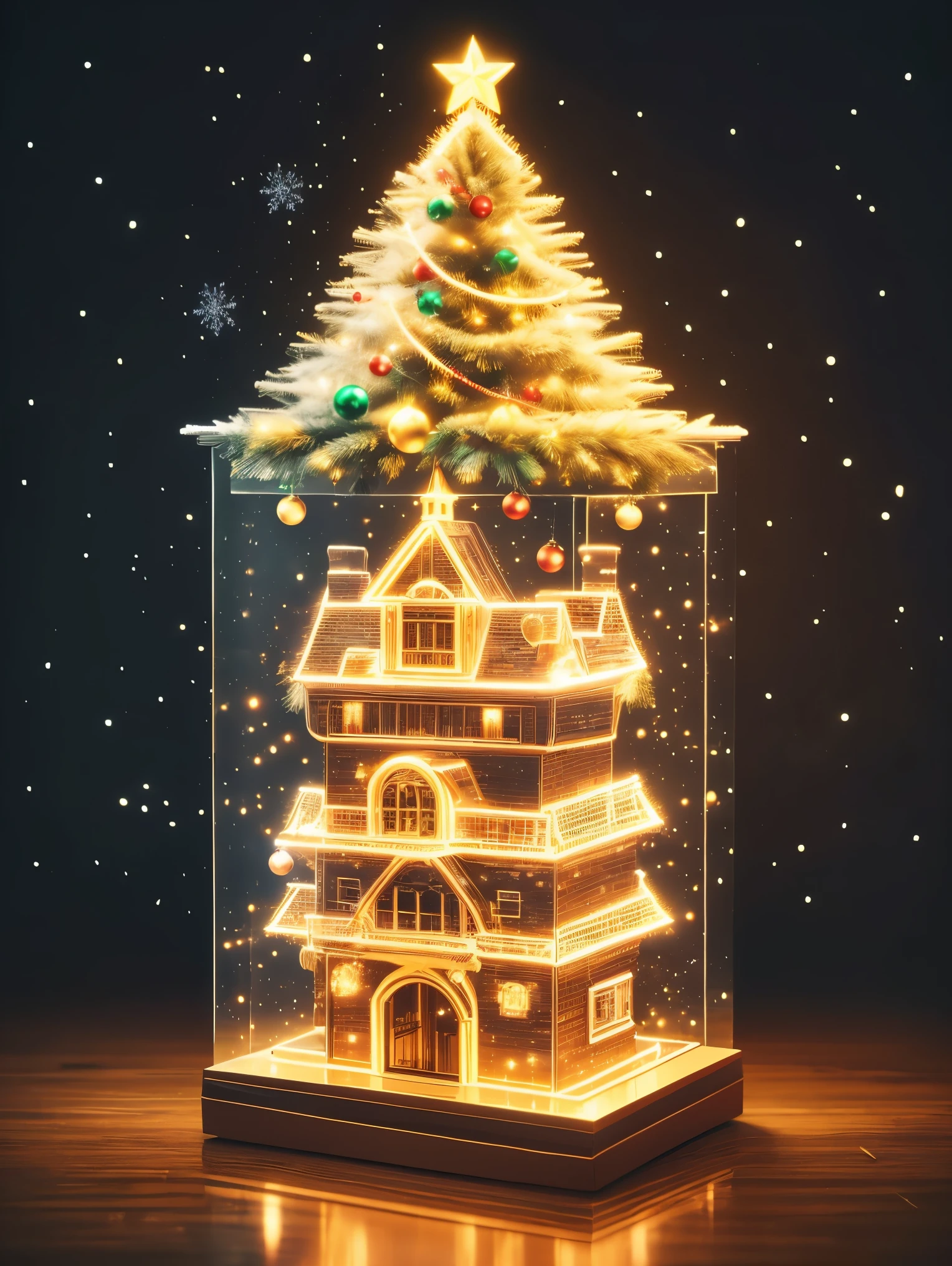 1 transparent light-emitting mechanical Christmas gift,(Holding CG game gun iconsw),backpackuturistic christmas gift,Alliance Christmas City Background,model shoot style, (extremely detaild的 CG unified 8k wallpapers), hyper realisitc, 8K, super detailing, Best quality, Award-Awarded, Anatomically correct, 16k, super detailing