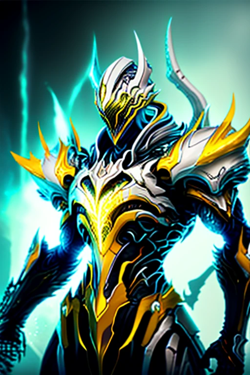white and yellow armor, blue eye, warframe, galaxy, carrying yellow lightning spear, yellow lightning aura, HD, 16K