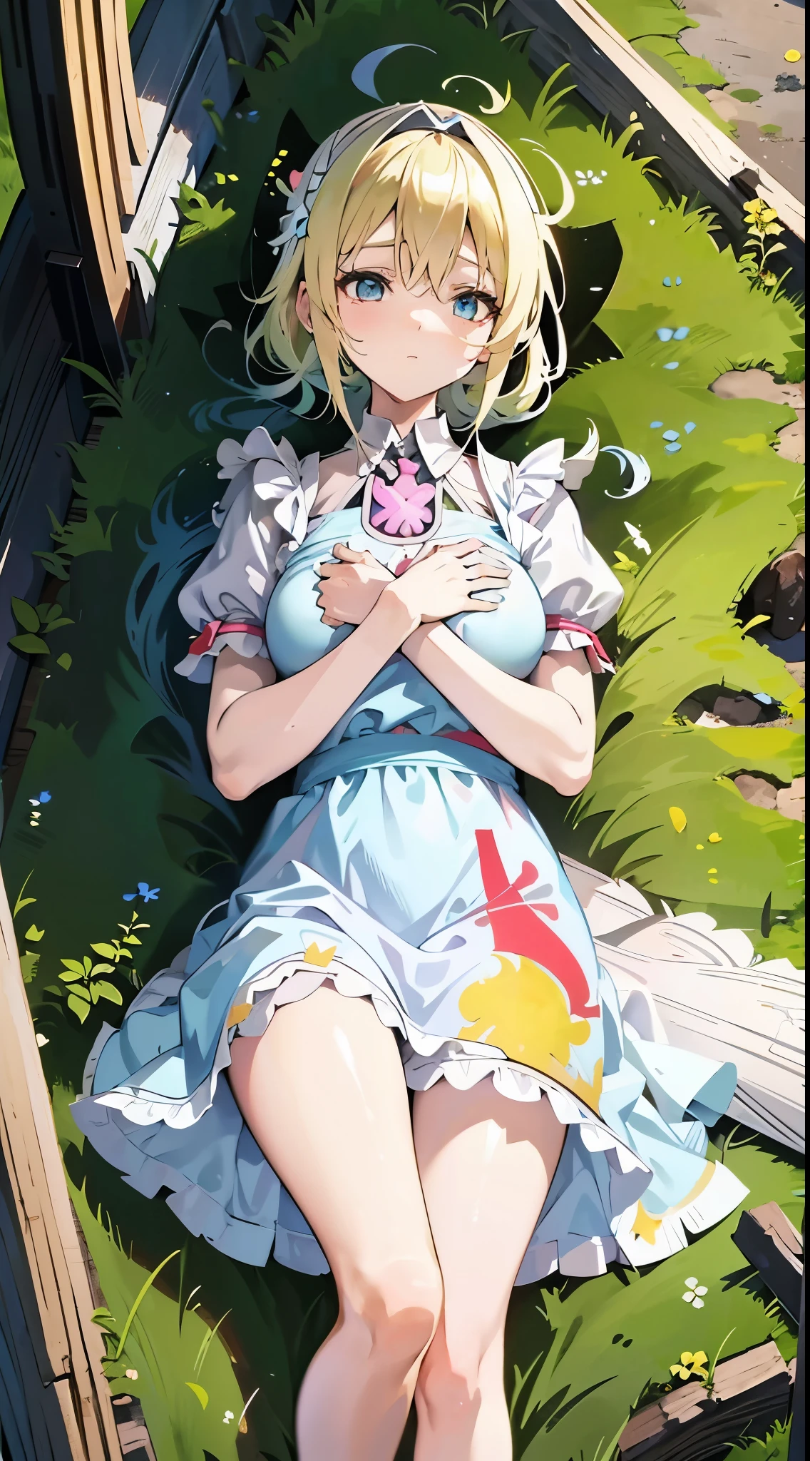 anime styled, High definition illustration, Perfect drawing, Draw anatomically correctly, alice in the wonderland, In the forest where the bright sun shines, beautiful blonde girl lying on the ground, ((seminude:1.5)), Short light blue ruffled dress, Layering a white apron, Disturbed clothing , teats, crotch female genitals