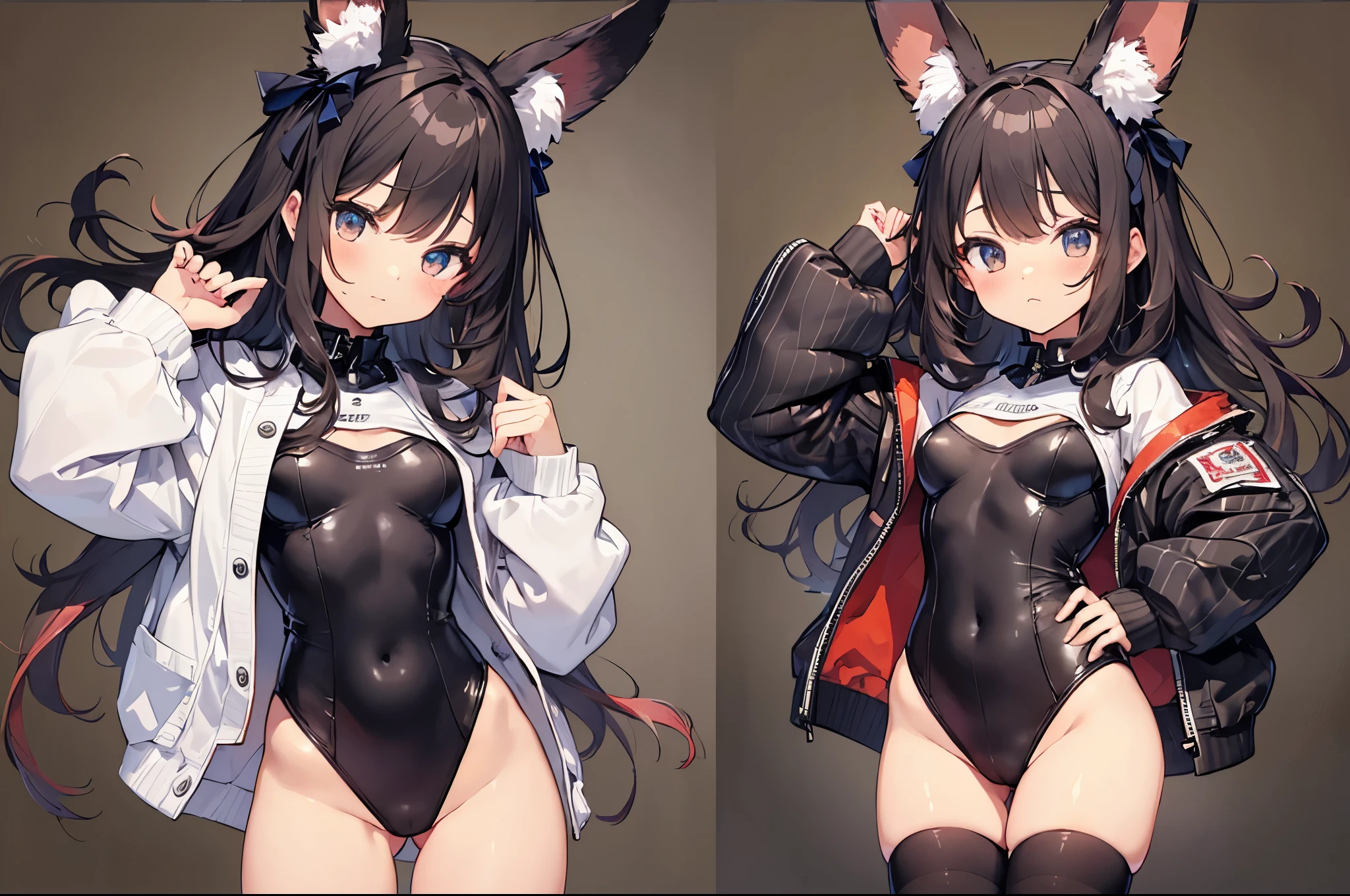 Beautiful illustration、top-quality、cute petit girl、(Transformation Sequence)、((leotard、Tuxedo jacket、14years、a beautiful slender girl、Brown-skinned、silber hair、a baby face、stright long hair))、 Beautiful big eyes、Feeling stuffy and staring、Fractal art、Full body display、(1人)、long-sleeve、(seamed tights)、(highleg)、Rabbit ears、