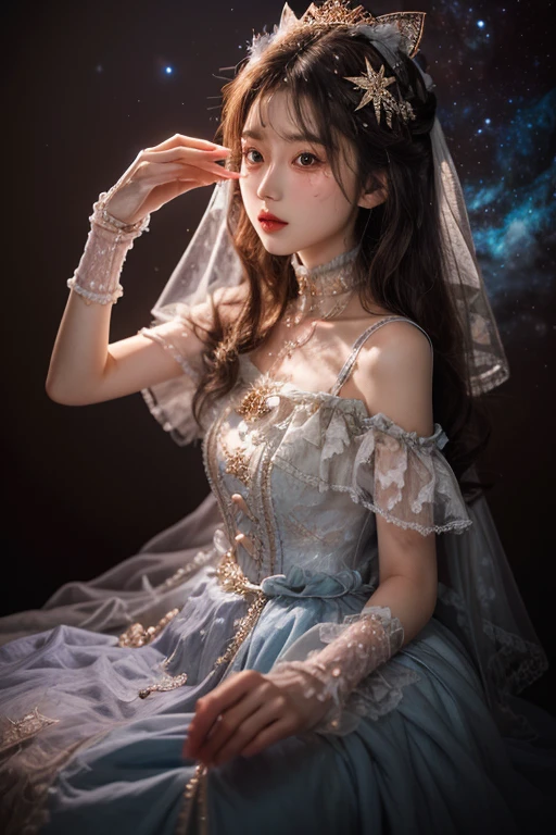 Background with: Mysterious quantum environment, Cosmic elements and ethereal atmosphere,A mix of bright lights and colorful nebulae. The subject: A mysterious girl with a magical aura. She grew up,Digi \(True Chinese dream\),Just look at the audience, Colorful wavy curls, The shiny hair stands out. His eyes are deep and expressive, Reflection Universe. She wore a flowing dress in purple and blue, With intricate details and mysterious textures. Color Palette: A combination of mysterious shades such as cosmic purple, Sky blue, soft pinks and hints of gold. create contrast, Increase depth, dark colour, Such as dark purple or night blue. aesthetics: aesthetics结合了 Mistycore 的元素, Known for its mysterious and ethereal atmosphere, and crystal nuclei, With its crystal clarity and sparkling detail. The girl exudes magical energy,Her presence is shrouded in hesitation. Overwritten: Leaves a subtle glow effect and glitter coverage all around the girl, Overwritten: Add a soft glow effect around the girl and crystal, It seems to exude magic. Inca, Add small details of flash,Enhance the ethereal atmosphere.