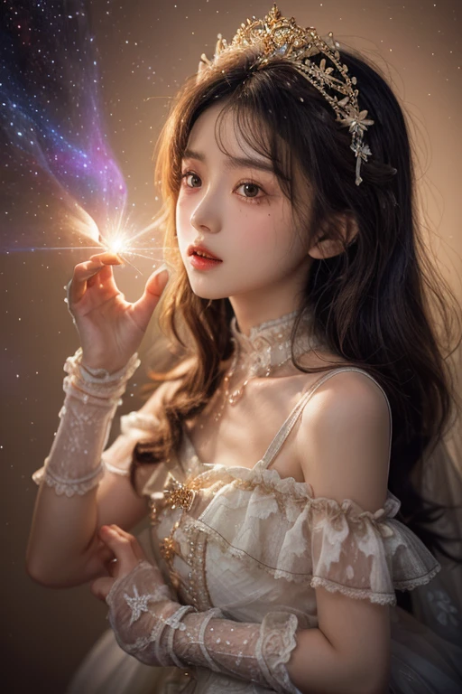 Background with: Mysterious quantum environment, Cosmic elements and ethereal atmosphere,A mix of bright lights and colorful nebulae. The subject: A mysterious girl with a magical aura. She grew up,Digi \(True Chinese dream\),Just look at the audience, Colorful wavy curls, The shiny hair stands out. His eyes are deep and expressive, Reflection Universe. She wore a flowing dress in purple and blue, With intricate details and mysterious textures. Color Palette: A combination of mysterious shades such as cosmic purple, Sky blue, soft pinks and hints of gold. create contrast, Increase depth, dark colour, Such as dark purple or night blue. aesthetics: aesthetics结合了 Mistycore 的元素, Known for its mysterious and ethereal atmosphere, and crystal nuclei, With its crystal clarity and sparkling detail. The girl exudes magical energy,Her presence is shrouded in hesitation. Overwritten: Leaves a subtle glow effect and glitter coverage all around the girl, Overwritten: Add a soft glow effect around the girl and crystal, It seems to exude magic. Inca, Add small details of flash,Enhance the ethereal atmosphere.