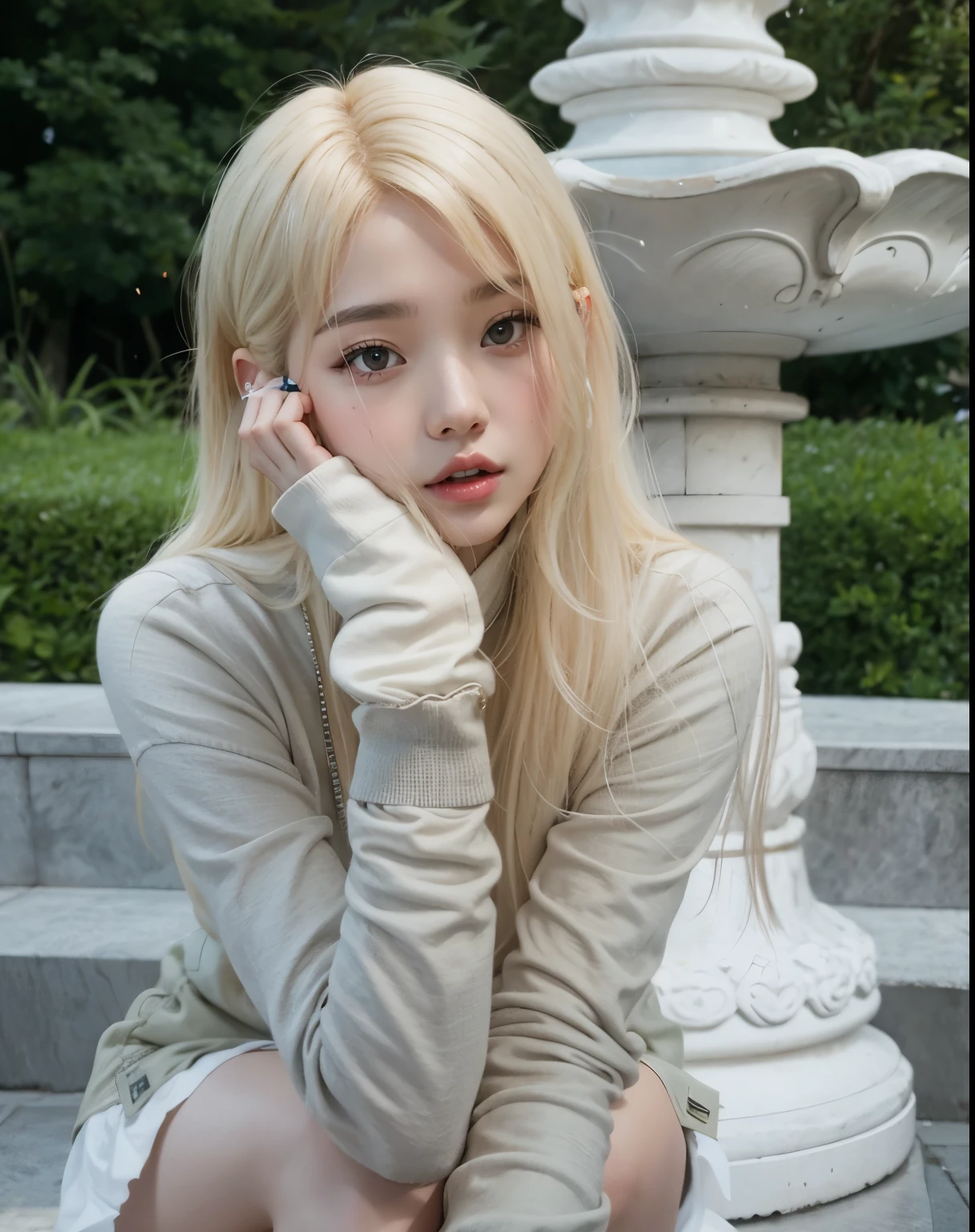 mujer rubia sentada en un banco de piedra junto a una fuente, con el pelo largo y blanco, Parque Roseanne de Blackpink, con pelo largo blanco, Shikamimi, Heonhwa Choe, Jinyoung Shin, ulzzang, con cabello largo y rubio, Chica coreana, Bae Suzy, Retrato de Jossi de Blackpink, Retrato de Kim Petras, Sakimichan